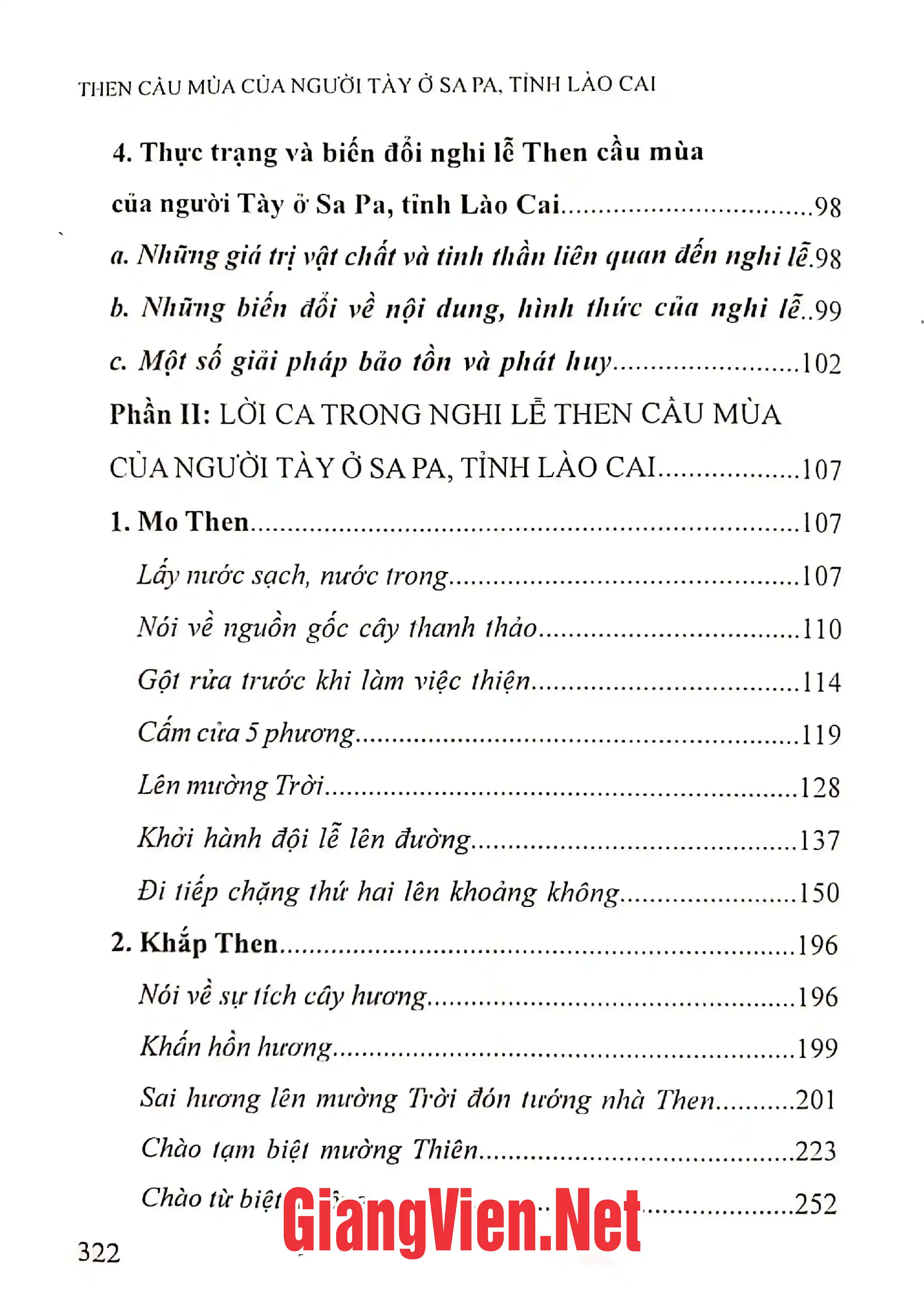 Mục lục chi tiết trang 1 sách Then cầu mùa của người Tày ở Sa Pa, tỉnh Lào Cài