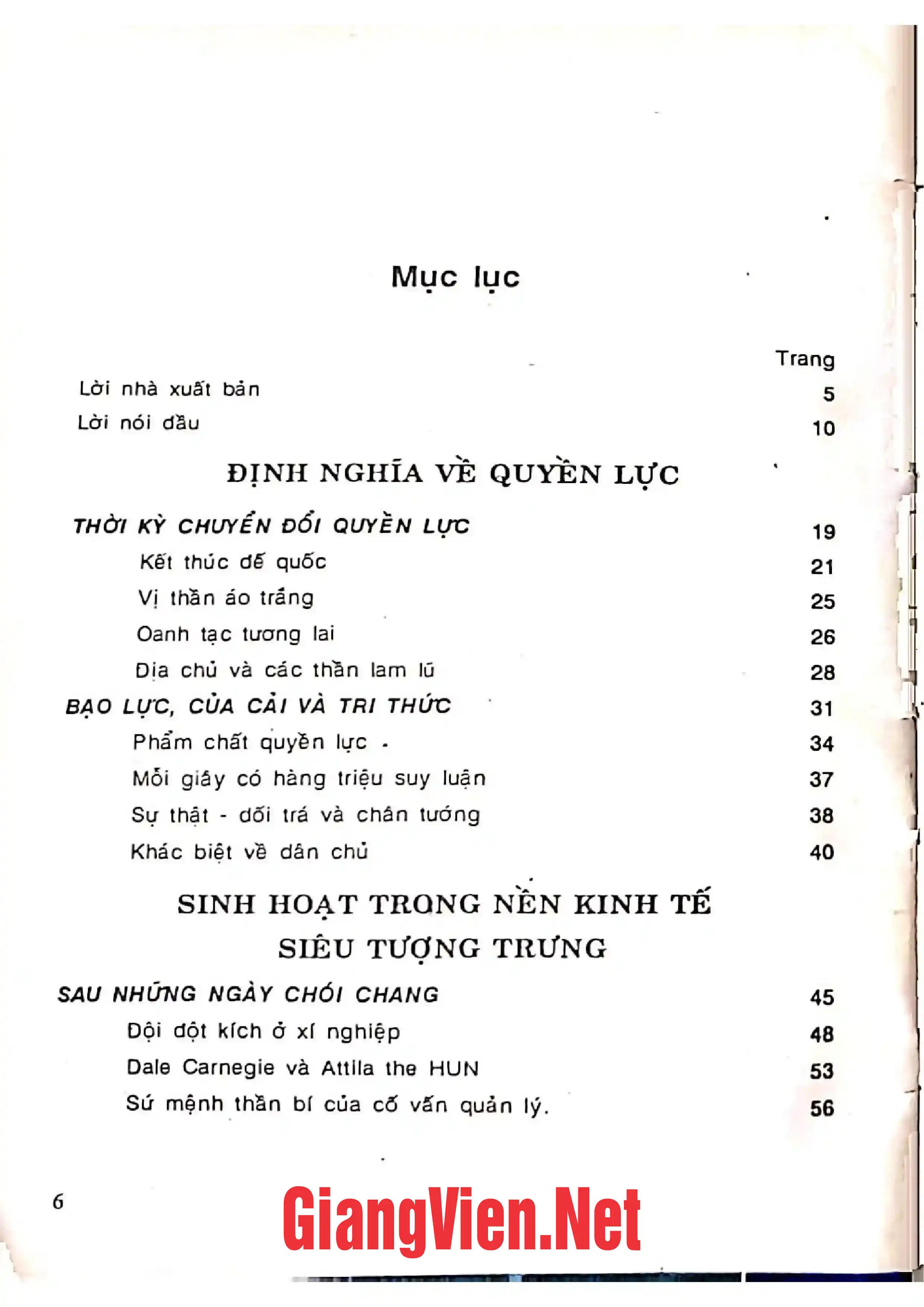 Mục lục chi tiết trang 1 sách Thăng trầm quyền lực, Phần một