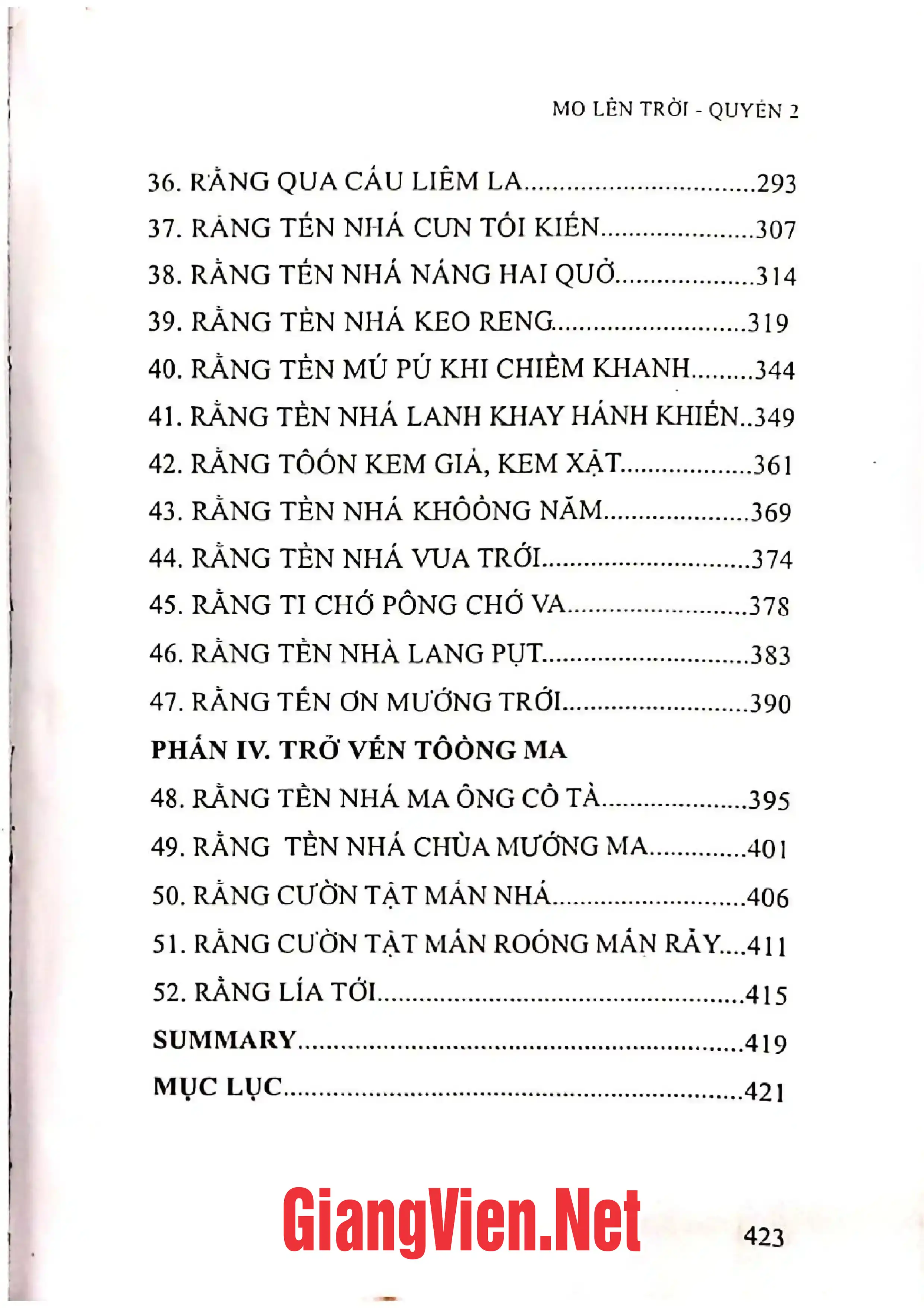 Mục lục chi tiết trang 2 sách Mo lên trời bài ca đưa hồn của người Mường Quyển 2
