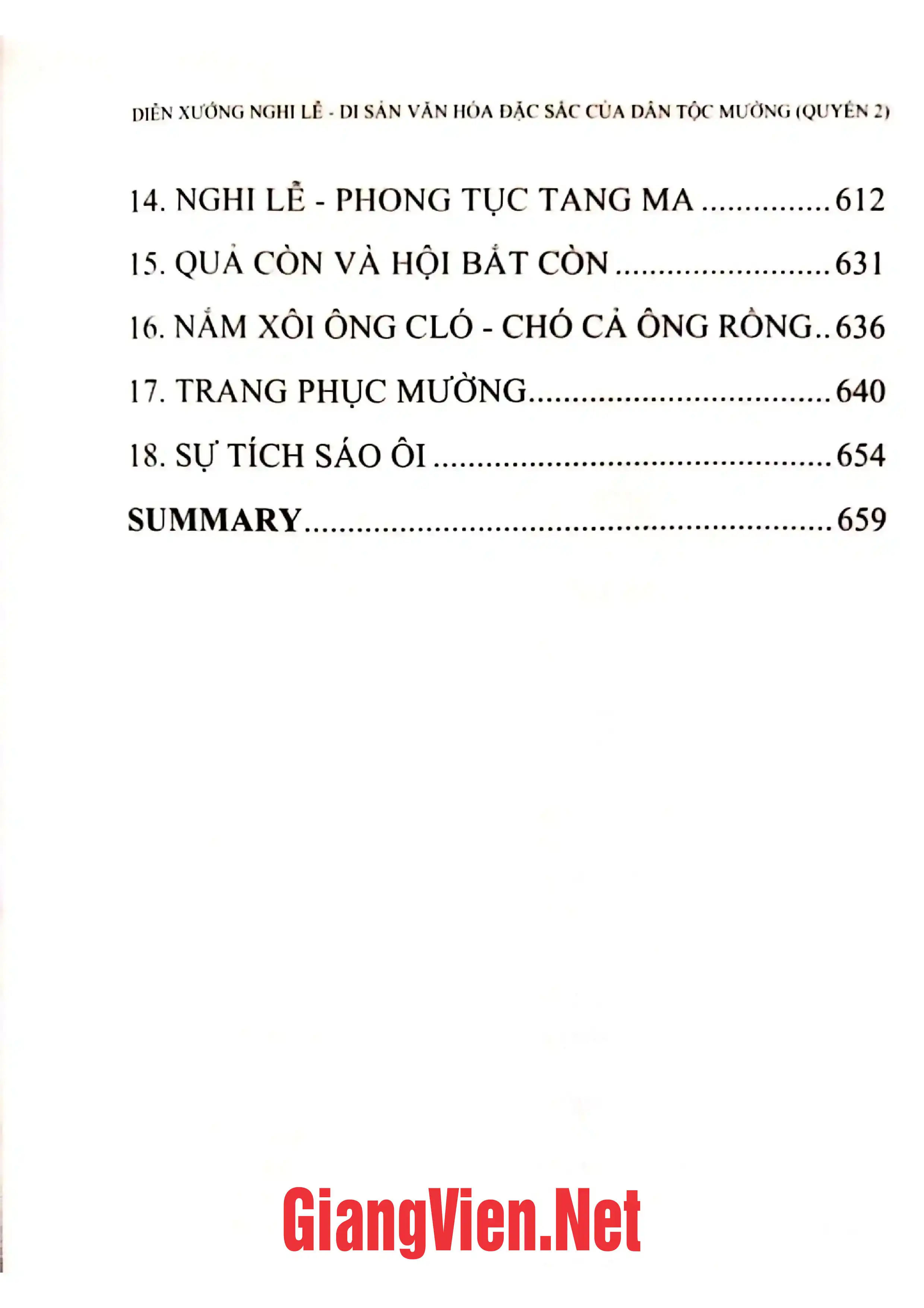 Mục lục chi tiết trang 2 sách Diễn xướng, nghi lễ - di sản văn hóa đặc sắc của dân tộc Mường, Quyển 2.
