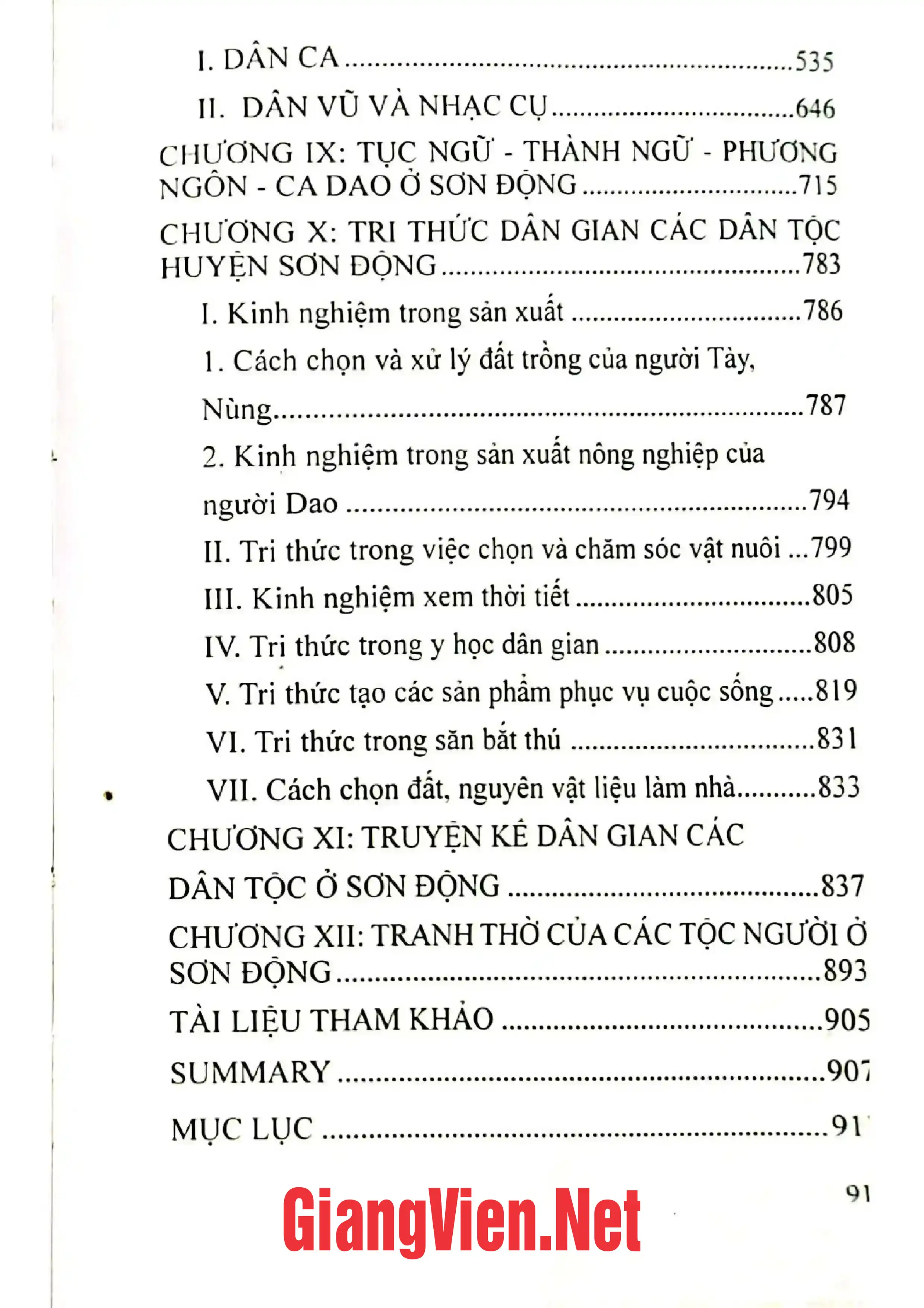 Mục lục chi tiết trang 2 sách Văn hóa dân gian huyện Sơn Động, Bắc Giang