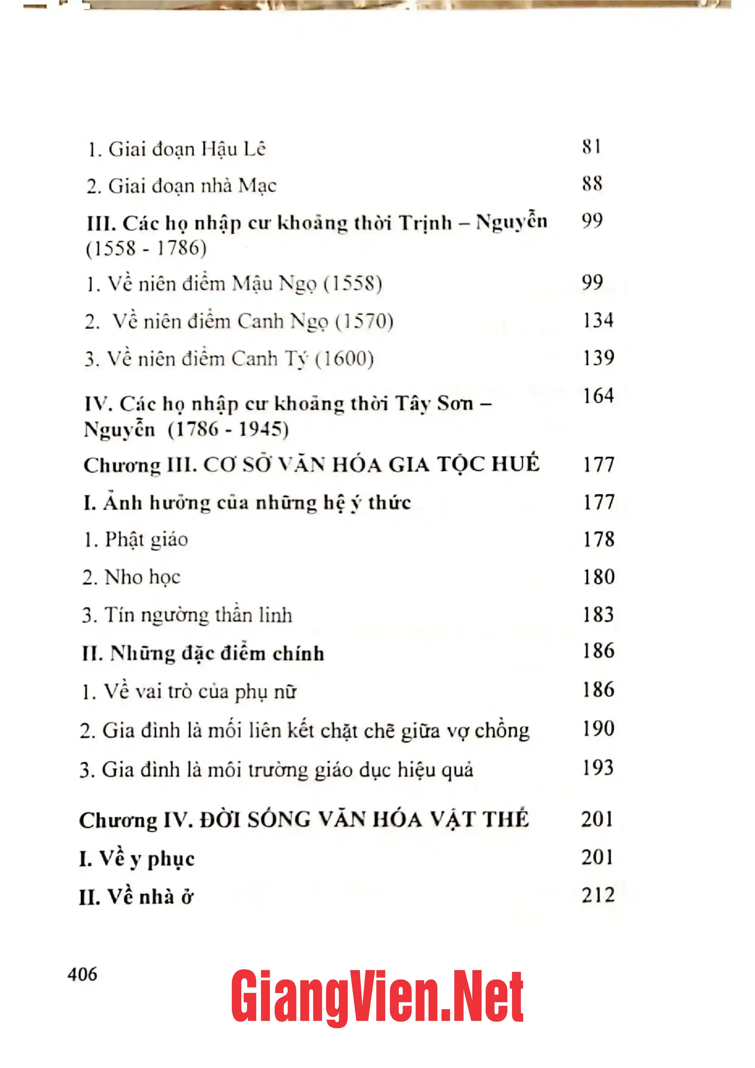 Mục lục chi tiết trang 1 sách Văn hóa Huế trong gia đình và họ tộc thế kỷ XVII - XIX