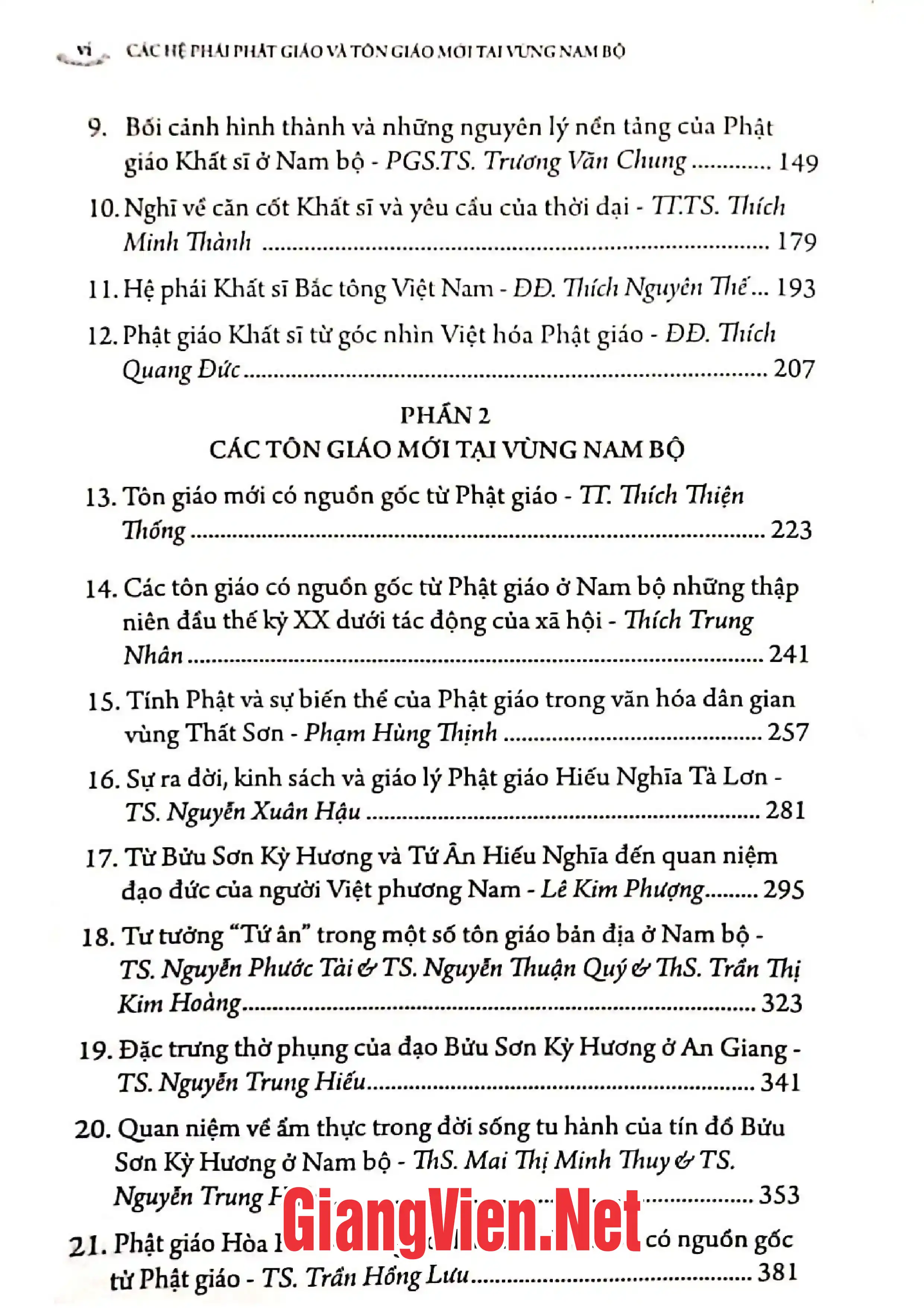 Mục lục chi tiết trang 1 sách Các hệ phái Phật giáo và tôn giáo mới tại vùng Nam Bộ