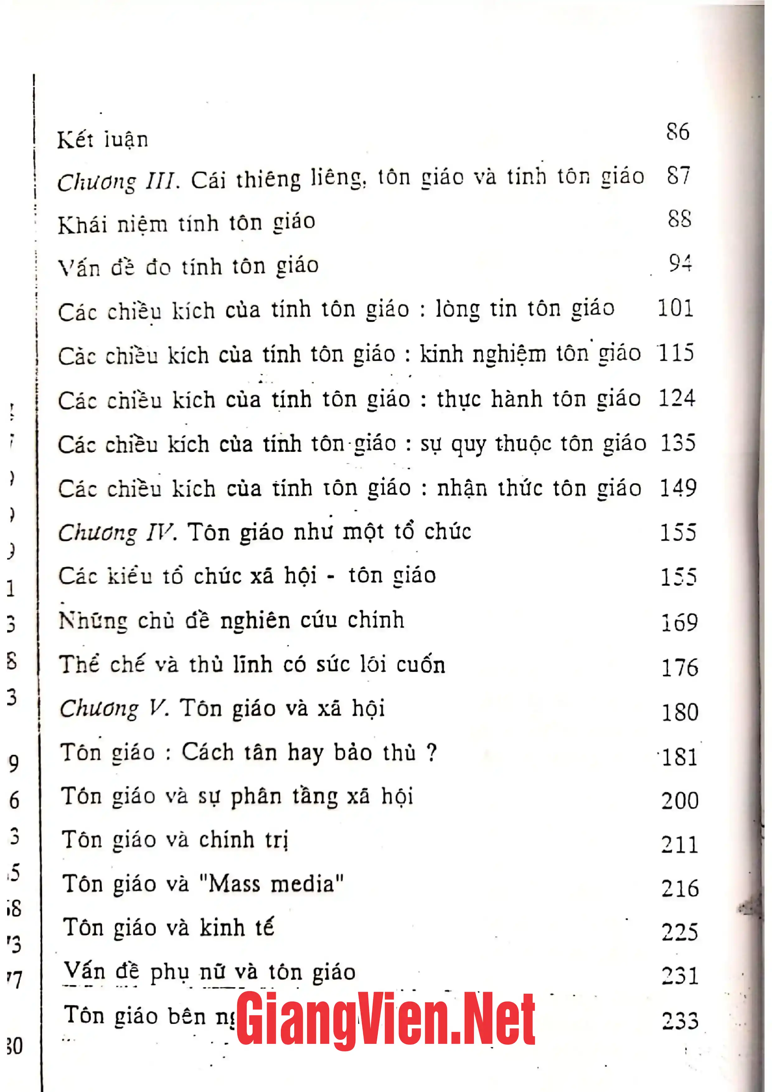 Mục lục chi tiết trang 1 sách Xã hội học tôn giáo (Quyển 2)