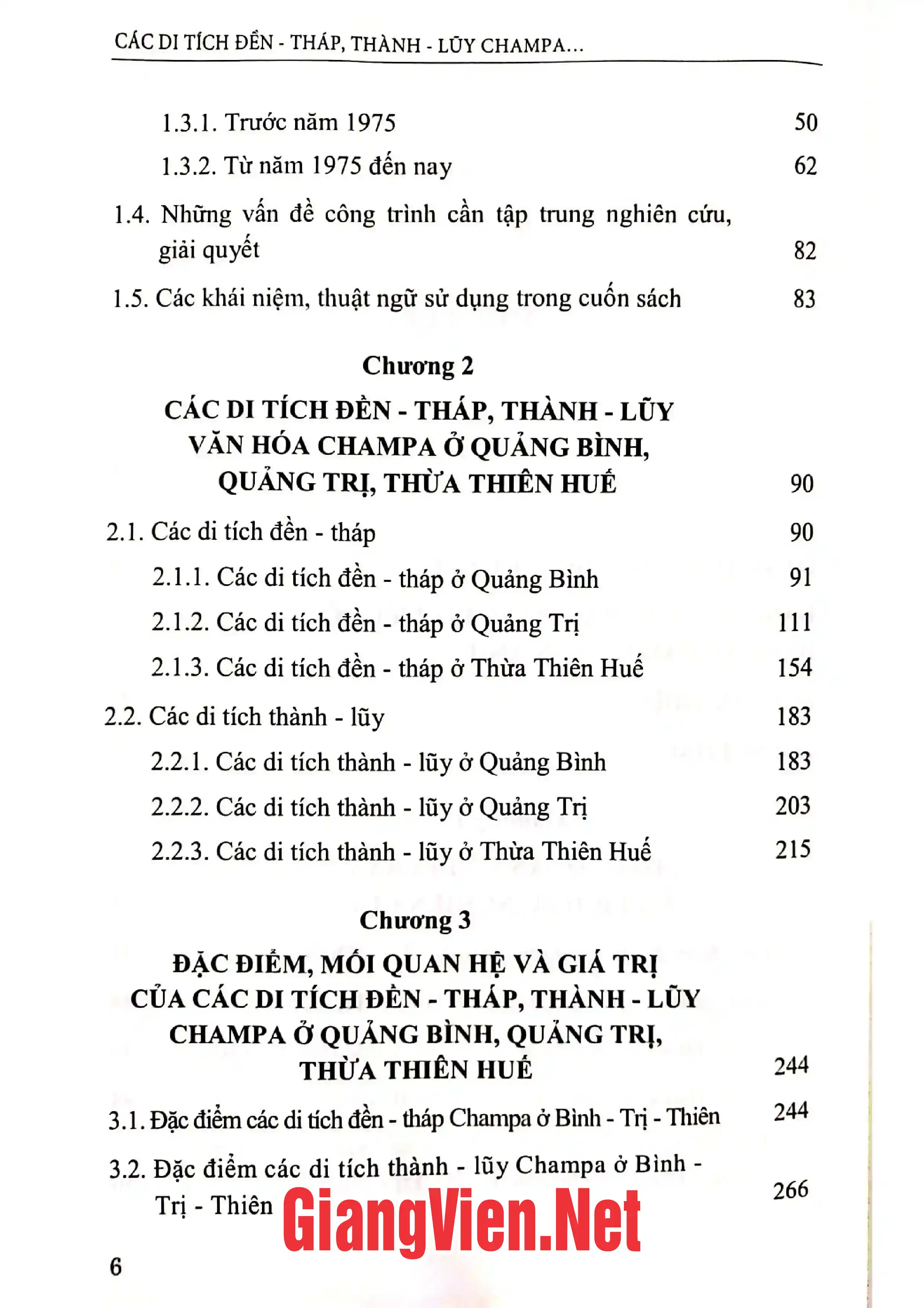Mục lục chi tiết trang 1 sách Các di tích đền - tháp, thành lũy Champa ở Quảng Bình, Quảng Trị, Thừa Thiên Huế