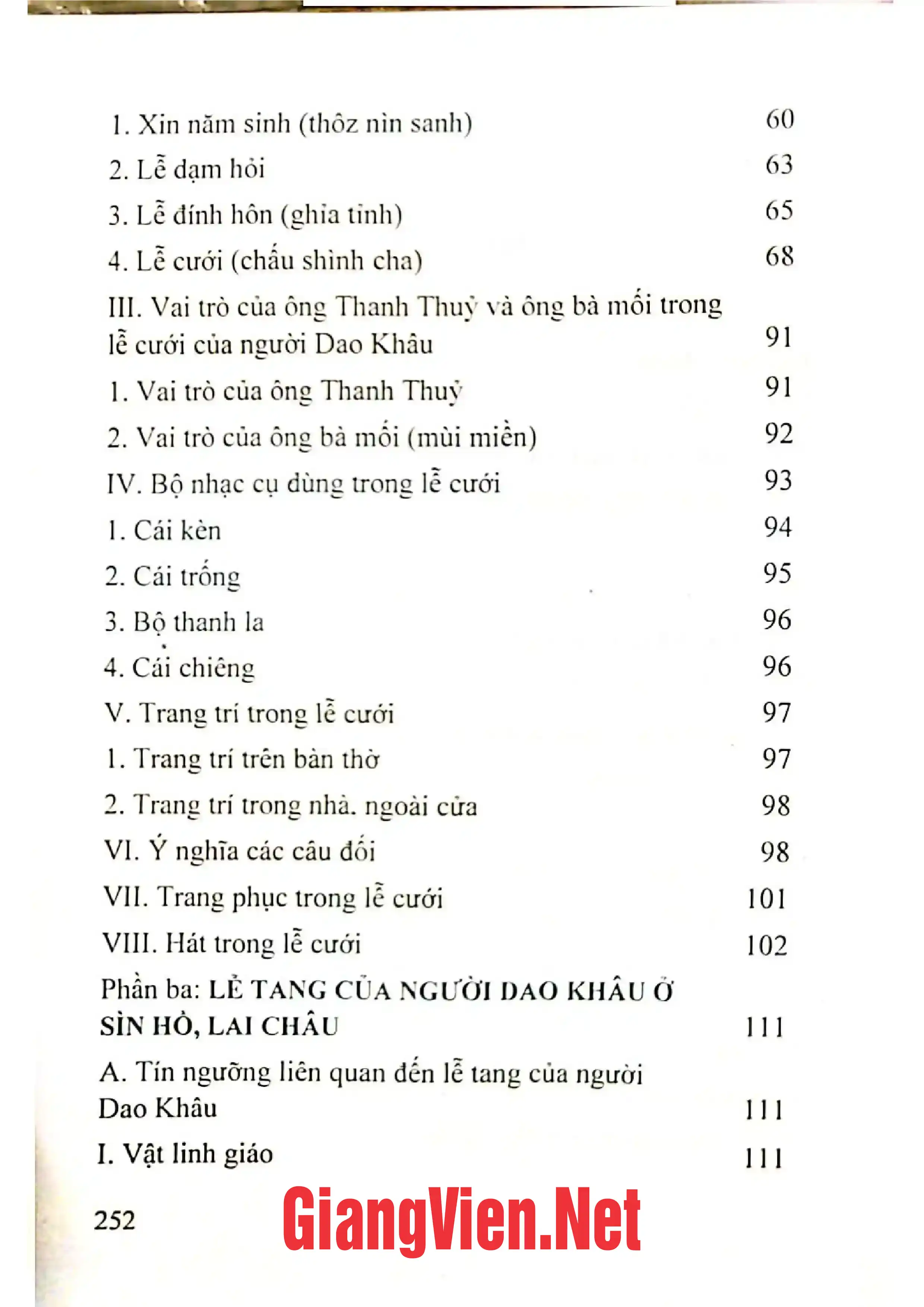 Mục lục chi tiết trang 1 sách Nghi lễ trong việc cưới, việc tang, của người Dao Khâu ở Sìn Hồ, Lai Châu
