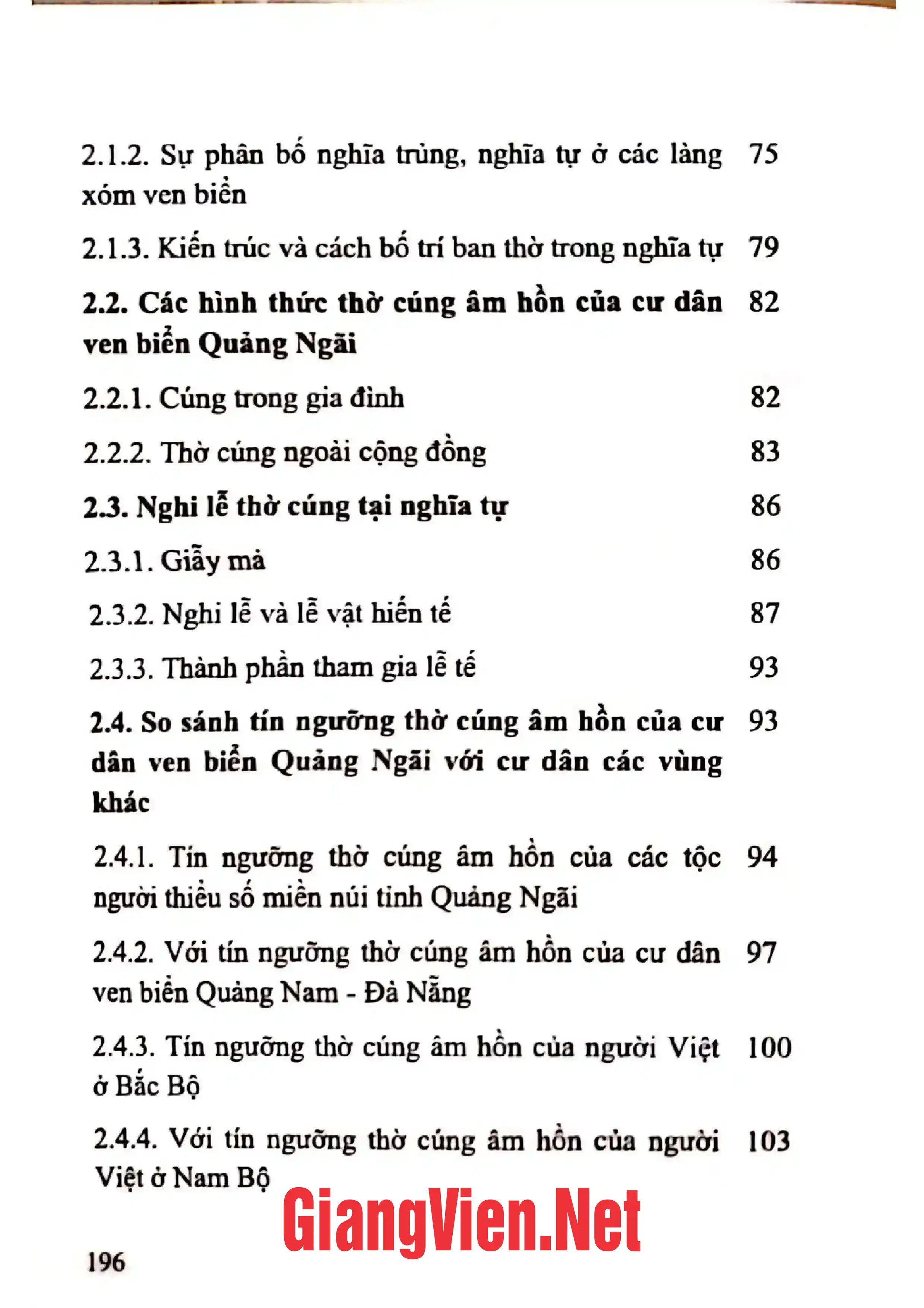 Mục lục chi tiết trang 1 sách Tín ngưỡng thờ cúng âm hồn của cư dân ven biển Quang Ngãi dưới góc nhìn văn hóa