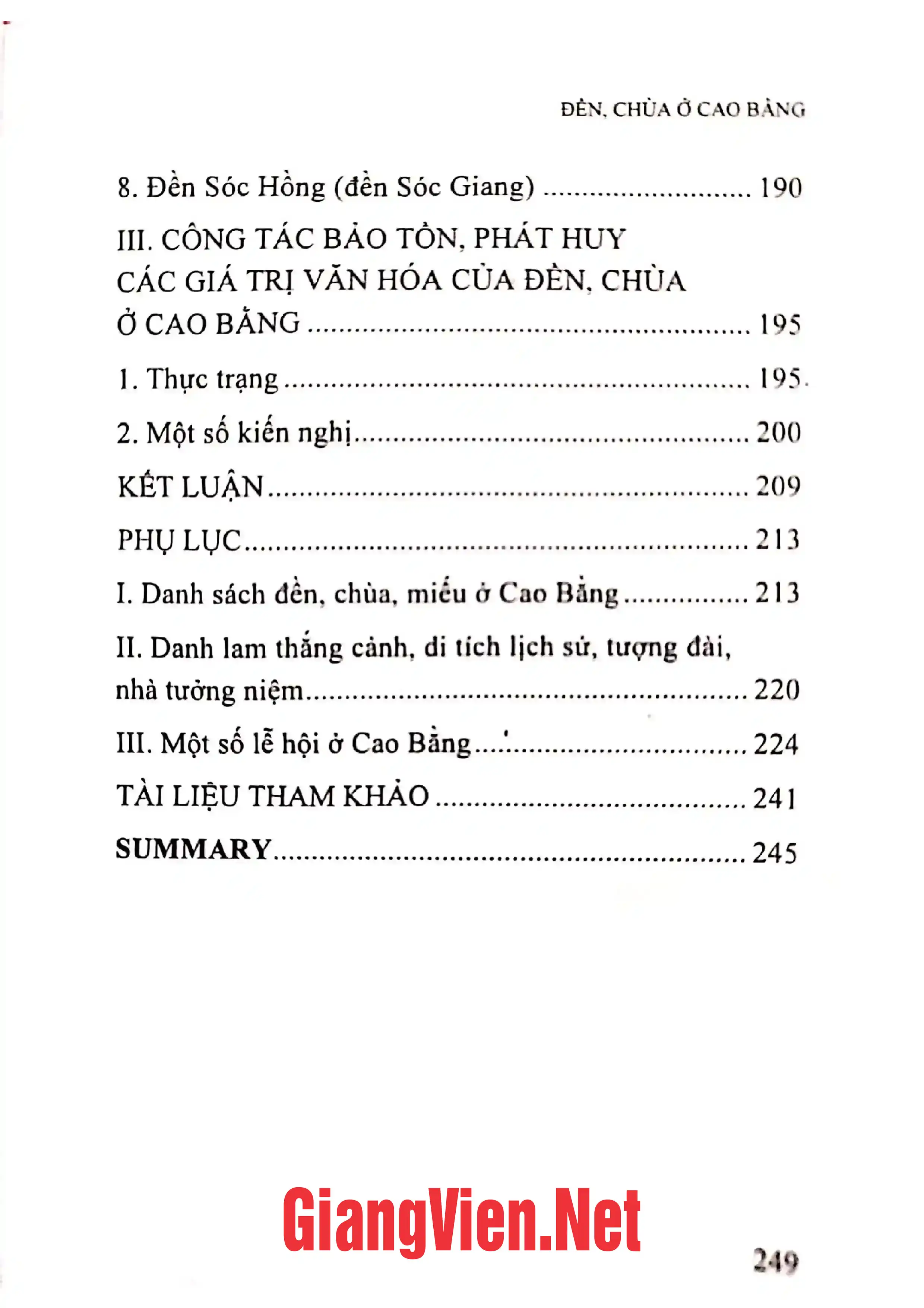 Mục lục chi tiết trang 2 sách Đền chùa ở Cao Bằng