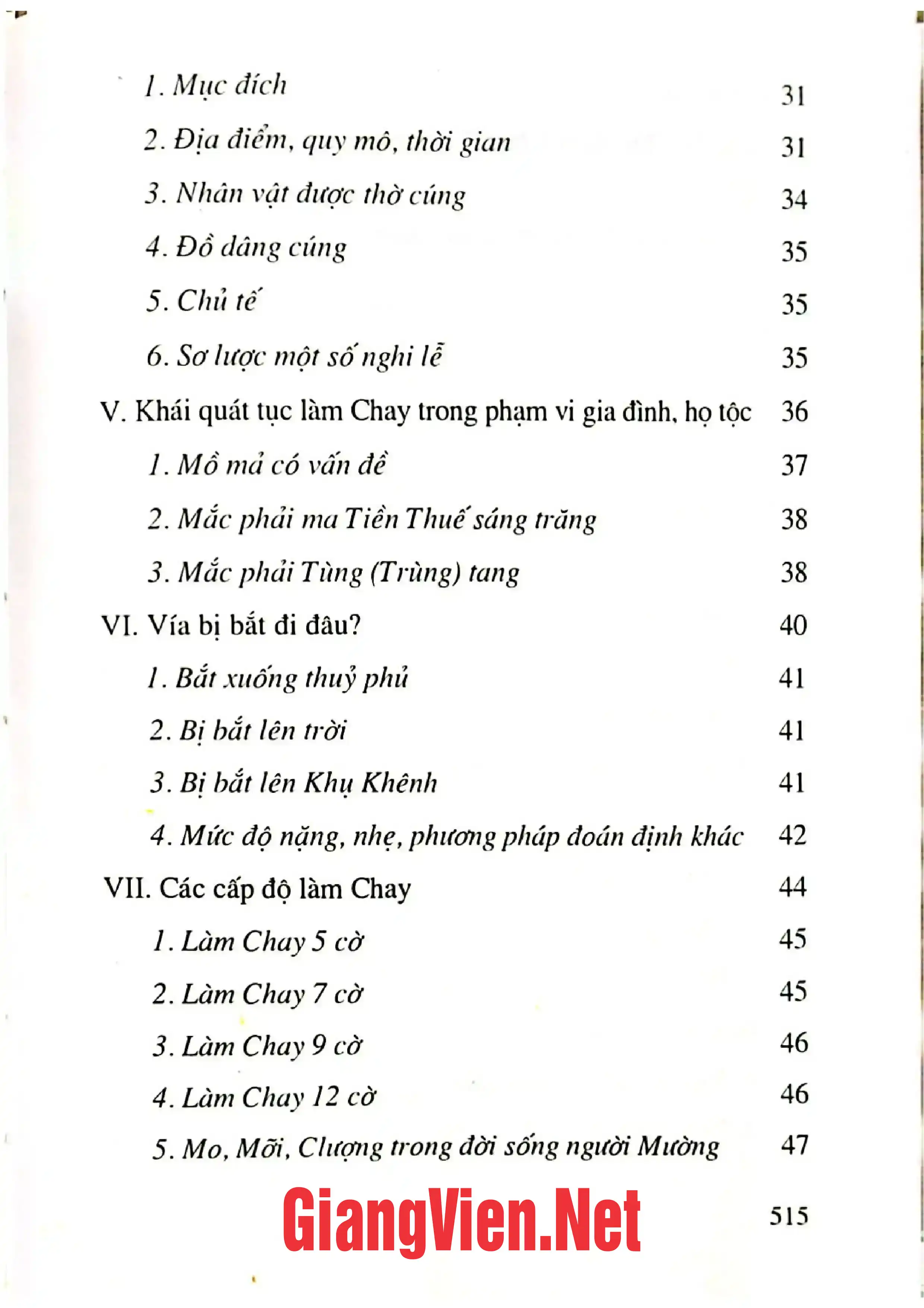 Mục lục chi tiết trang 1 sách Phong tục làm chay - Tập 1: Tục làm chay bảy cờ của người Mường Phần Do Mỡi làm chủ tế
