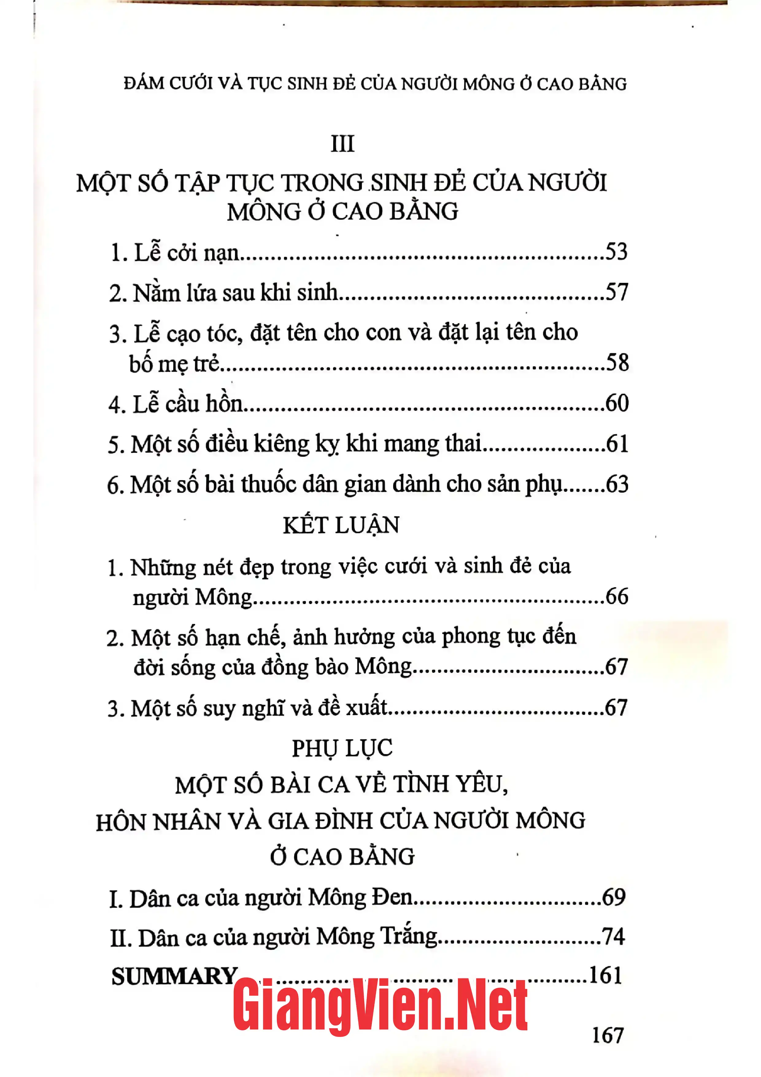 Mục lục chi tiết trang 2 sách Đám cưới và tục sinh đẻ của người Mông ở Cao Bằng