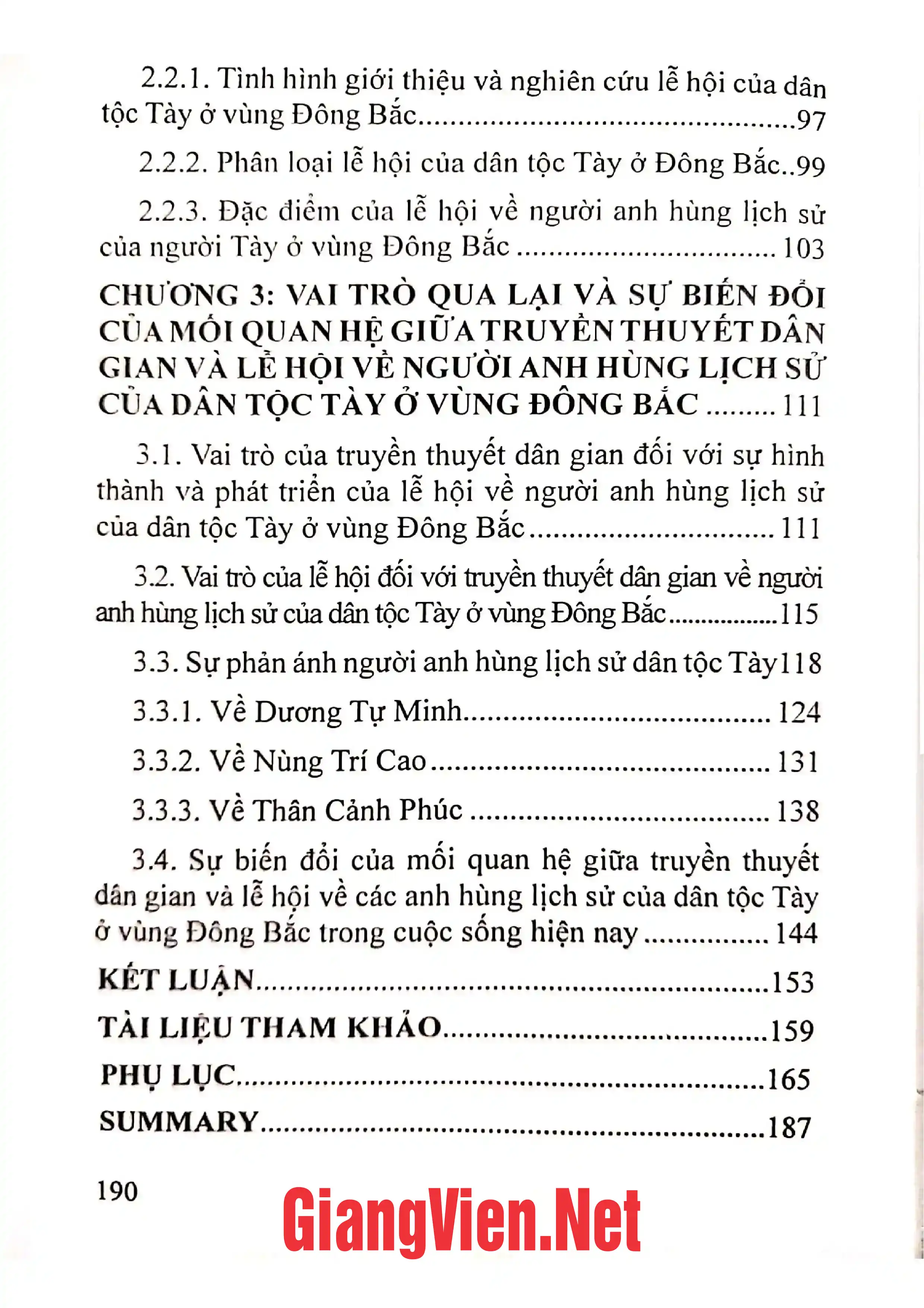 Mục lục chi tiết trang 1 sách Mối quan hệ giữa truyền thuyết và lễ hội về người anh hùng lịch sử của dân tộc Tày ở vùng Đông Bắc