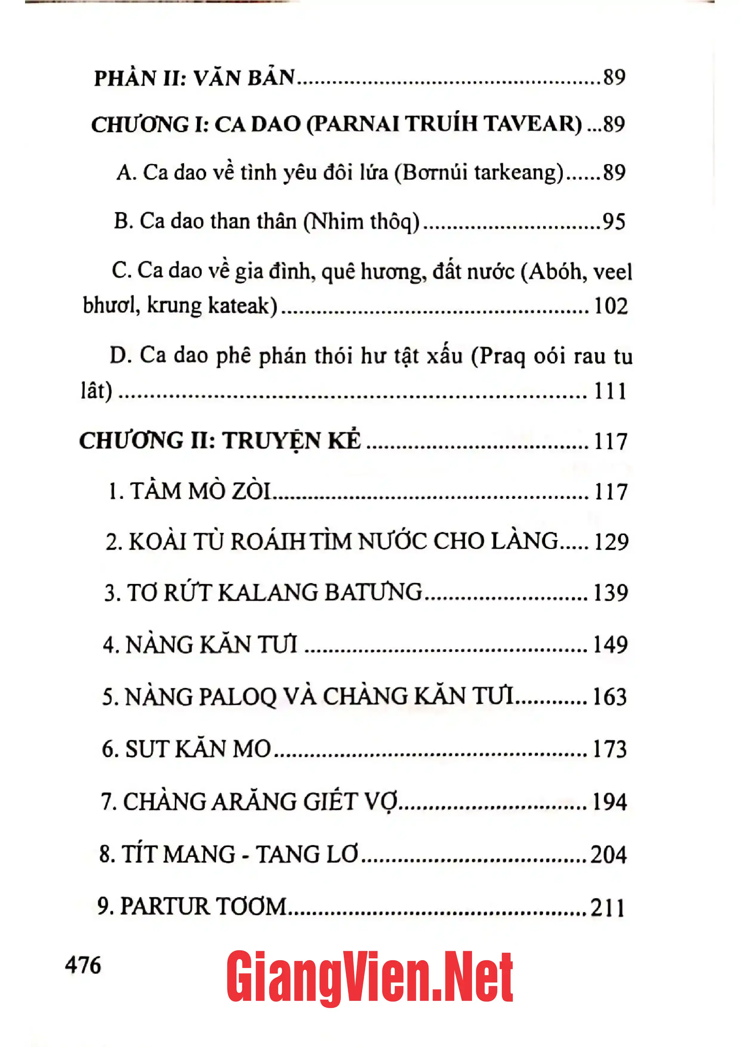Mục lục chi tiết trang 1 sách Văn học dân gian dân tộc Cơ Tu