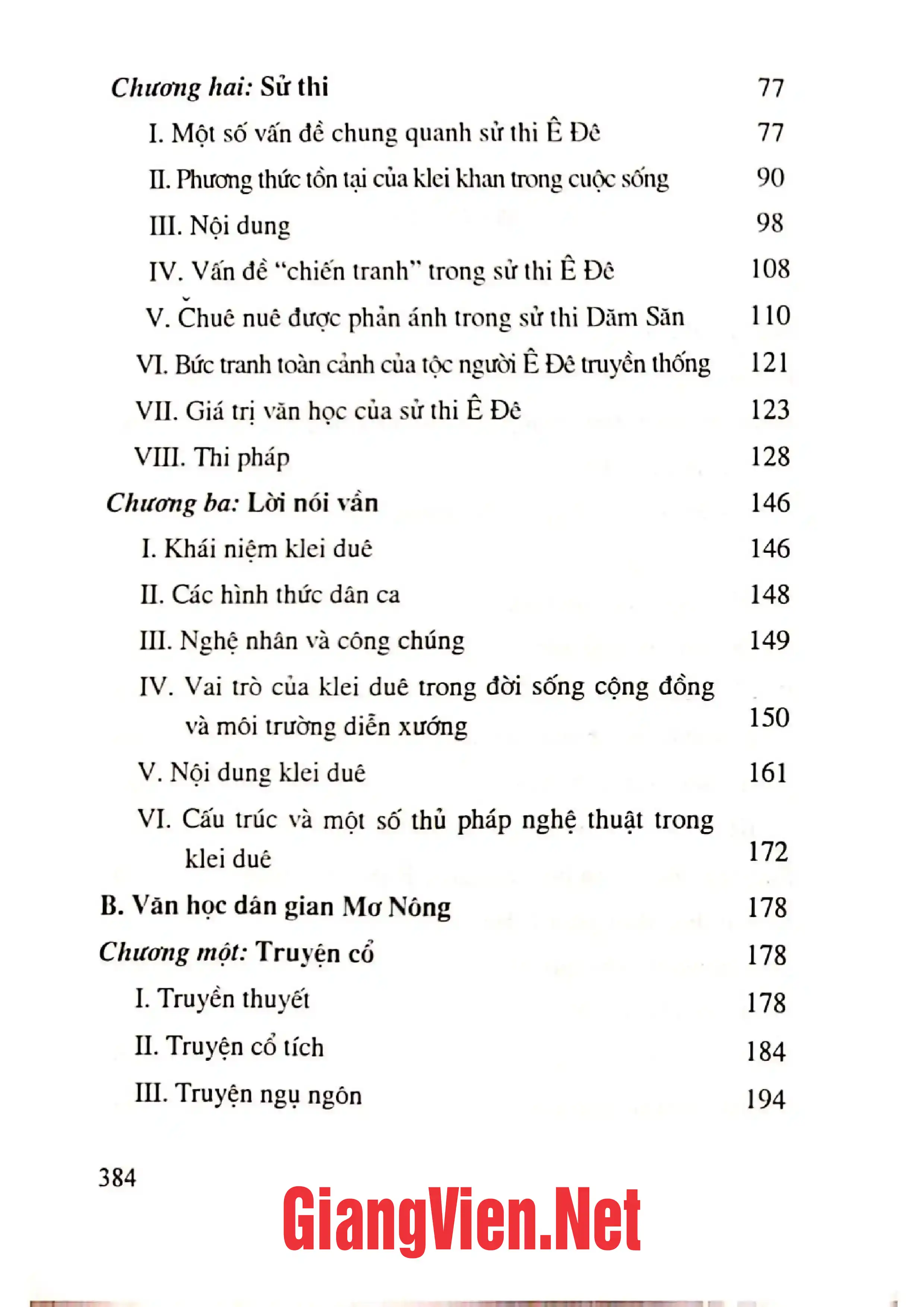 Mục lục chi tiết trang 1 sách Văn học dân gian Ê Đê, Mơ Nông