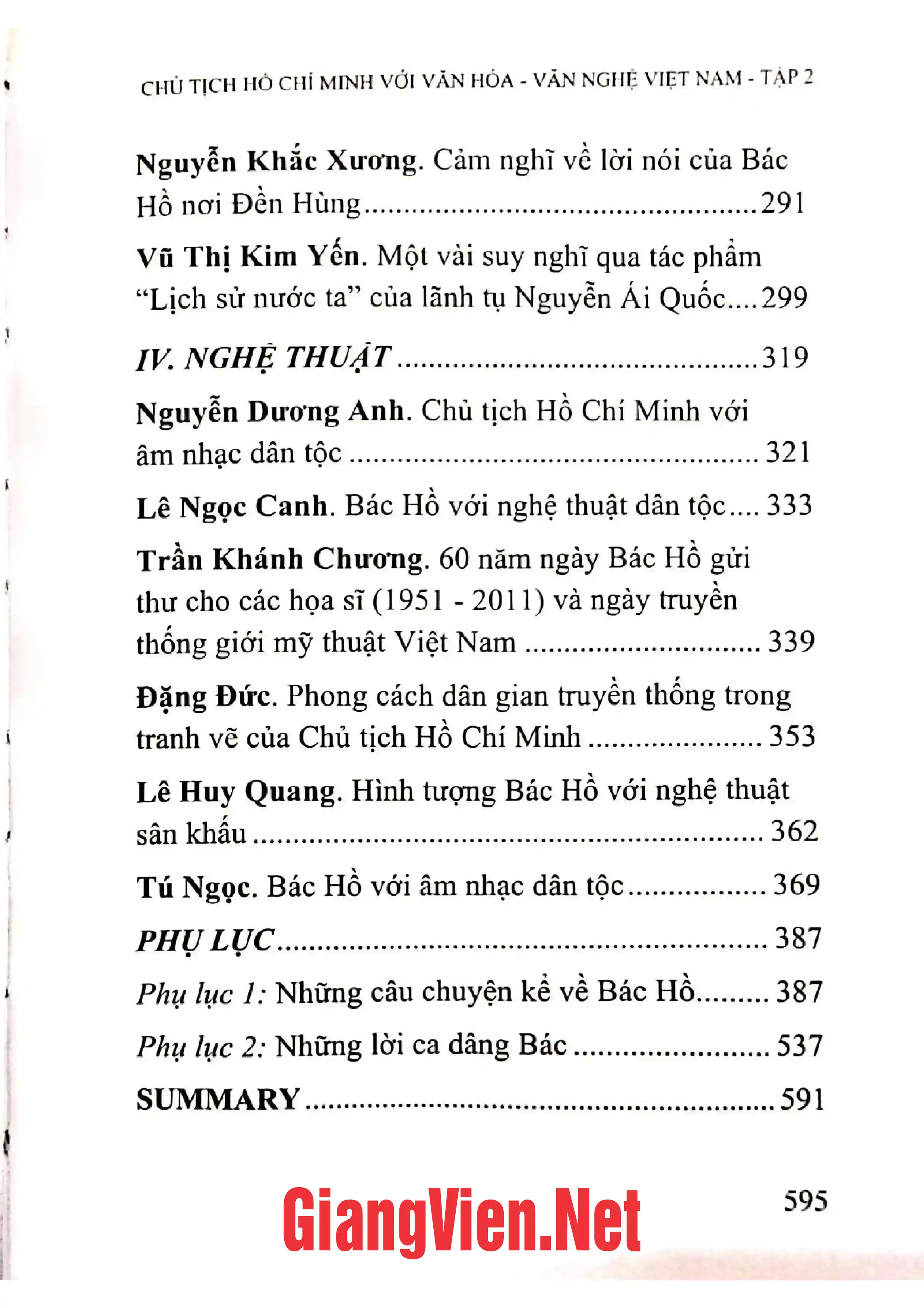 Mục lục chi tiết trang 2 sách Chủ tịch Hồ Chí Minh với văn hóa, văn nghệ Việt Nam tập 2