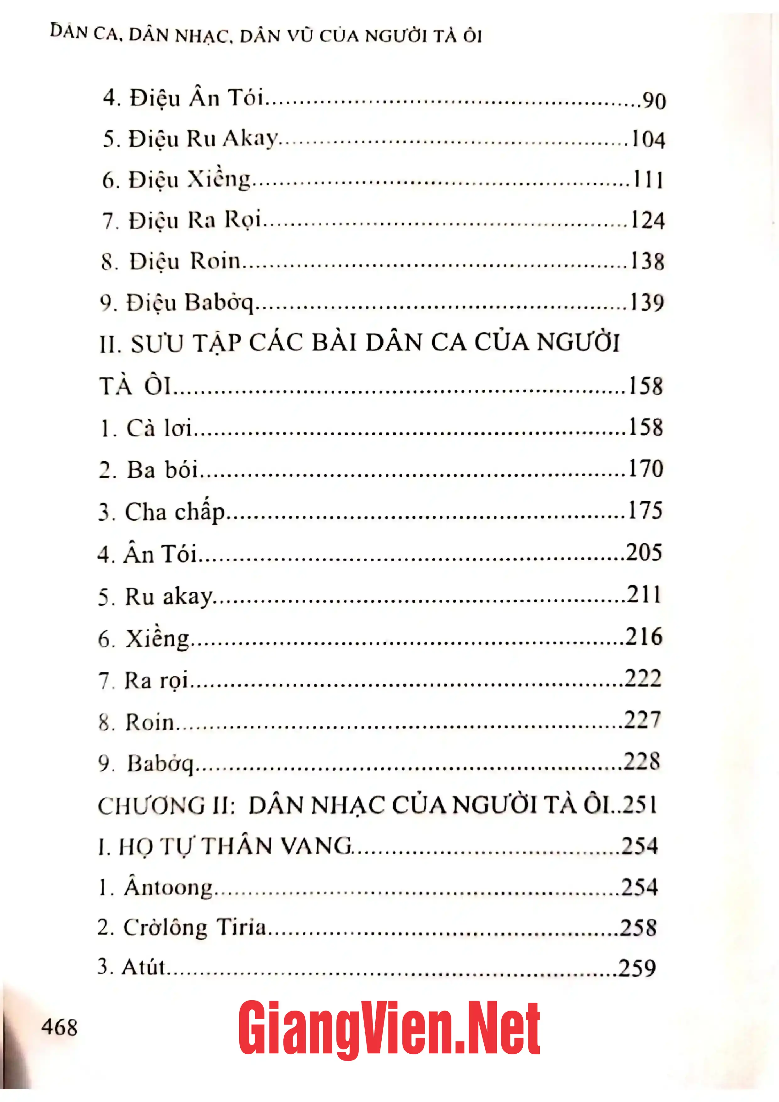 Mục lục chi tiết trang 1 sách Dân ca, dân nhạc, dân vũ của người Tà Ôi