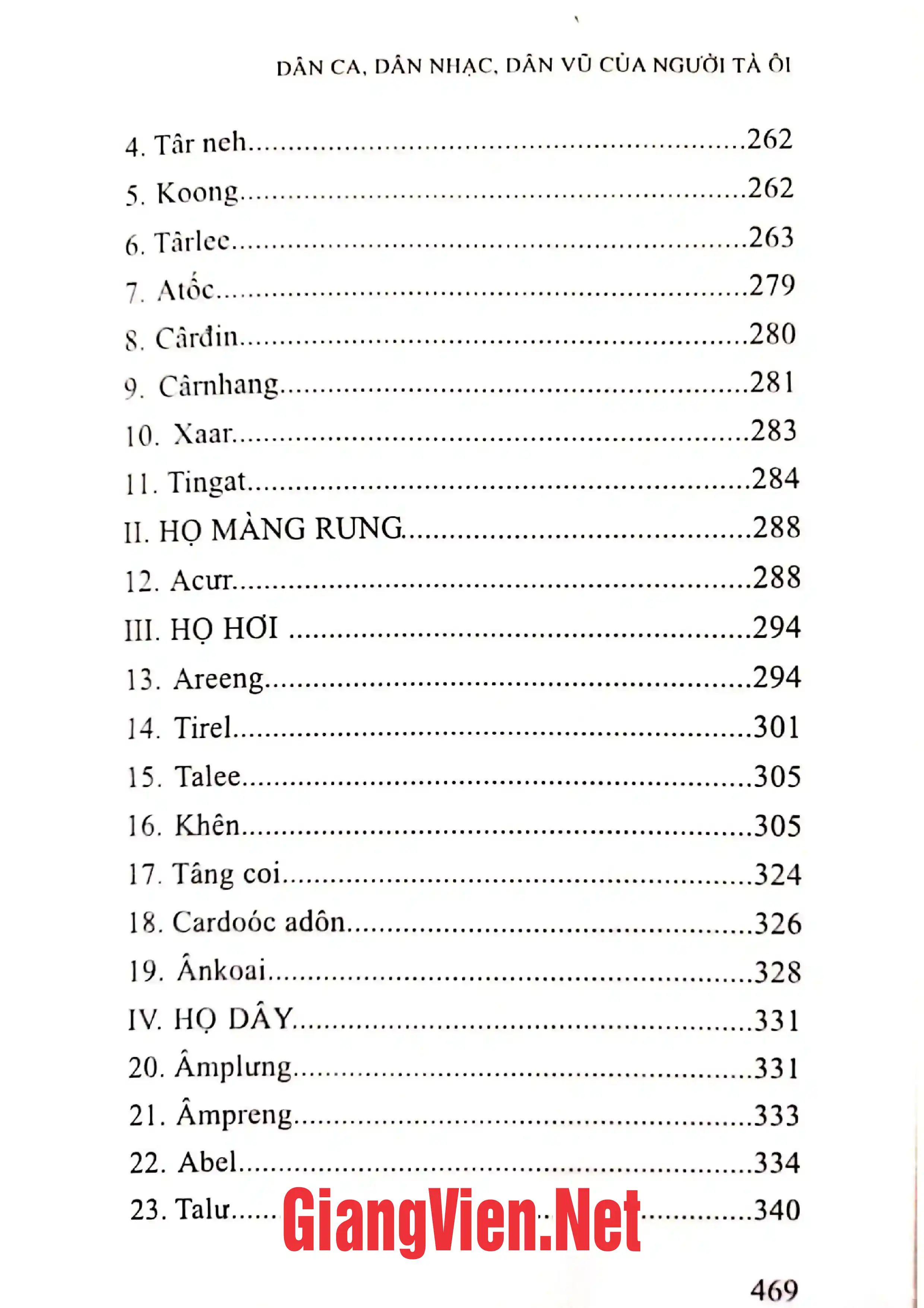 Mục lục chi tiết trang 2 sách Dân ca, dân nhạc, dân vũ của người Tà Ôi