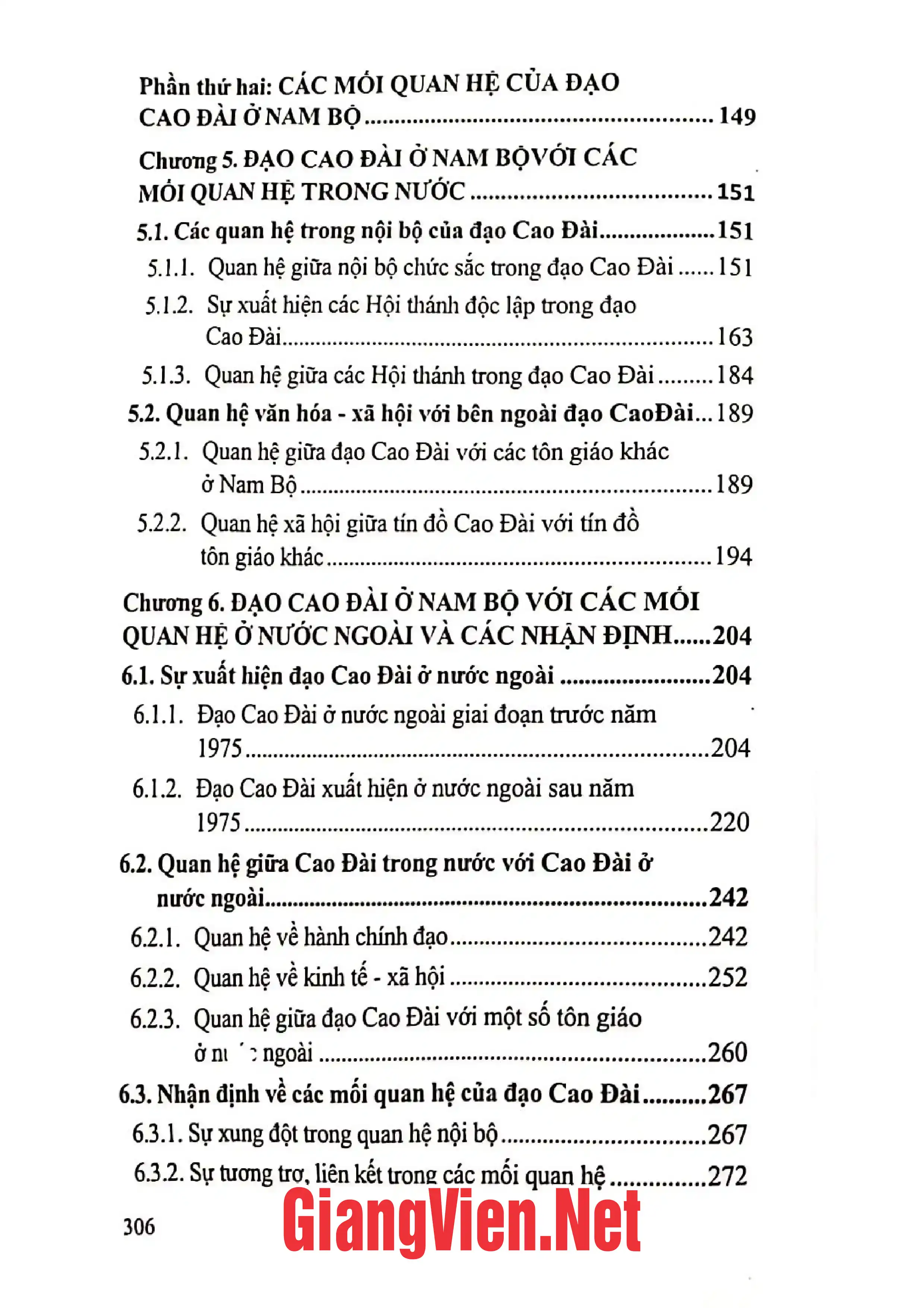 Mục lục chi tiết trang 2 sách Đạo Cao Đài ở Nam Bộ và các mối quan hệ
