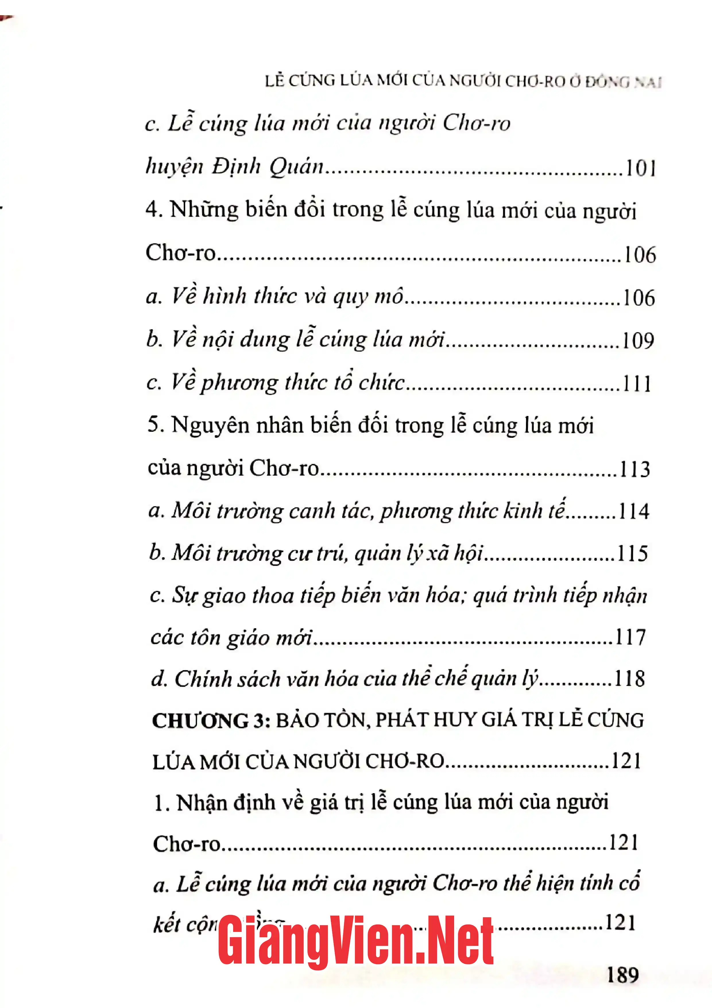 Mục lục chi tiết trang 2 sách Lễ cúng lúa mới của người Chơ-Ro ở Đồng Nai