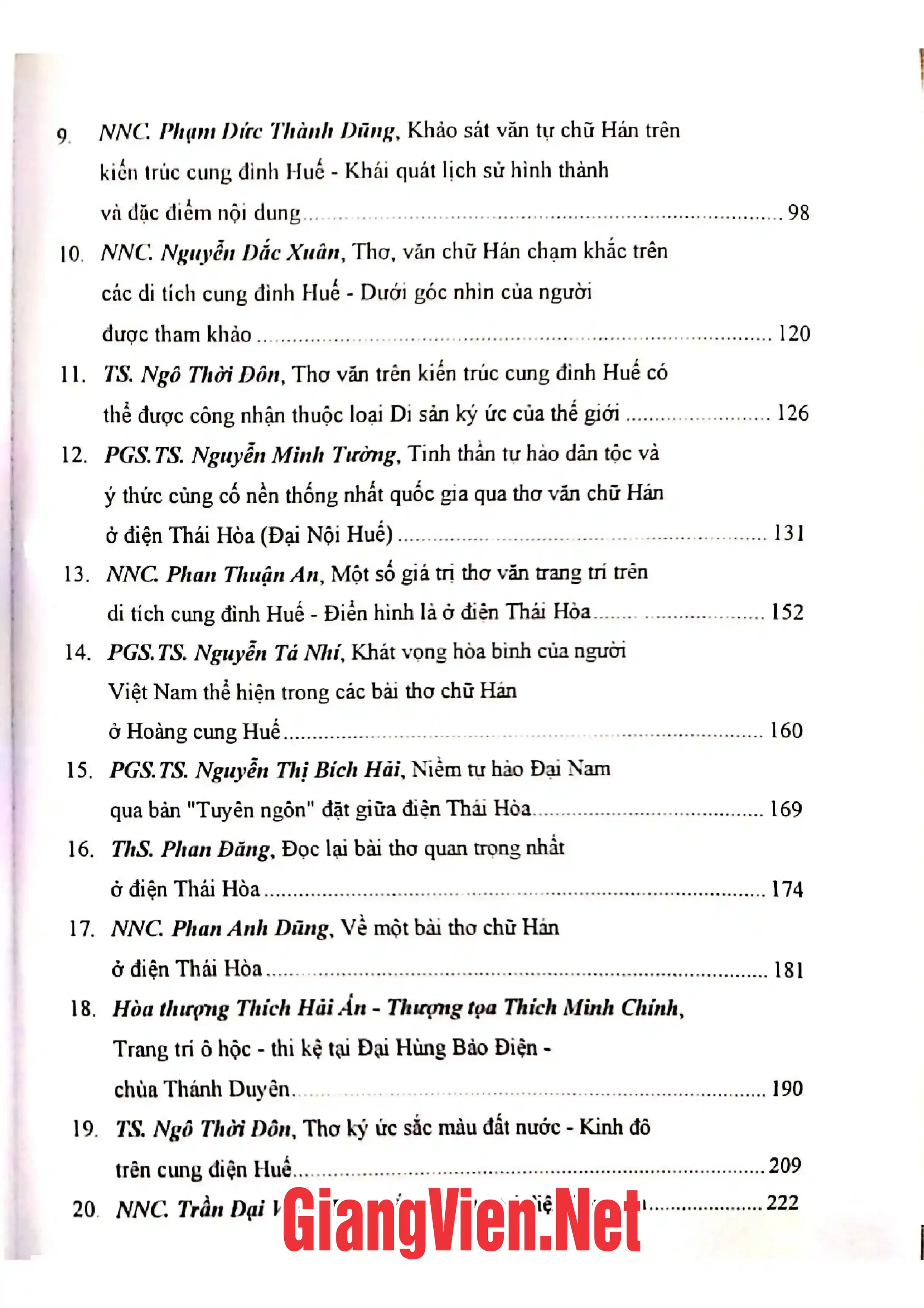 Mục lục chi tiết trang 1 sách Bảo tồn và phát huy giá trị hệ thống thơ văn trên kiến trúc cung đình Huế Kỷ yếu hội thảo khoa học