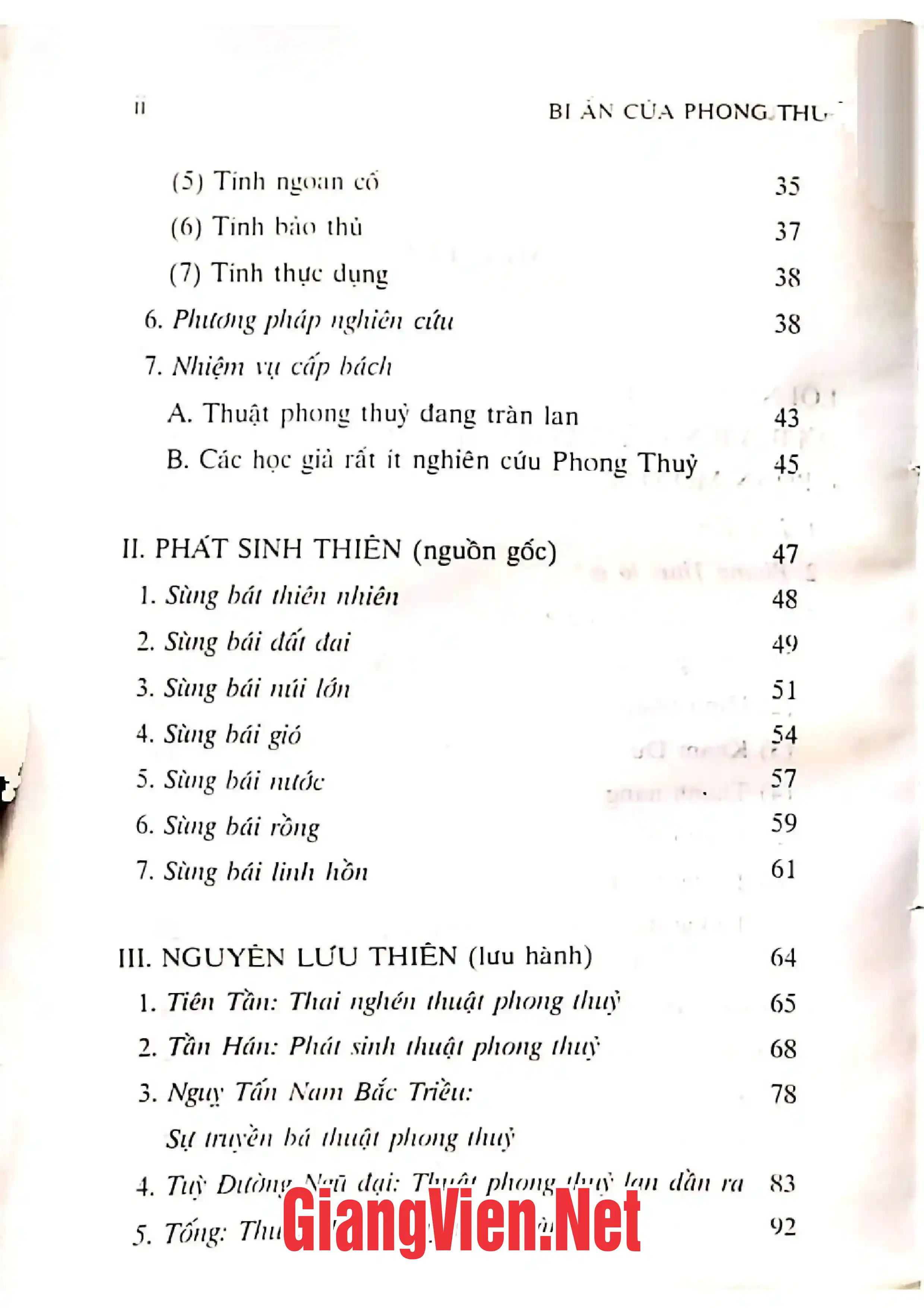Mục lục chi tiết trang 1 sách Bí ẩn của phong thuỷ, Nghiên cứu và phê phán thuật xem tướng địa truyền thống