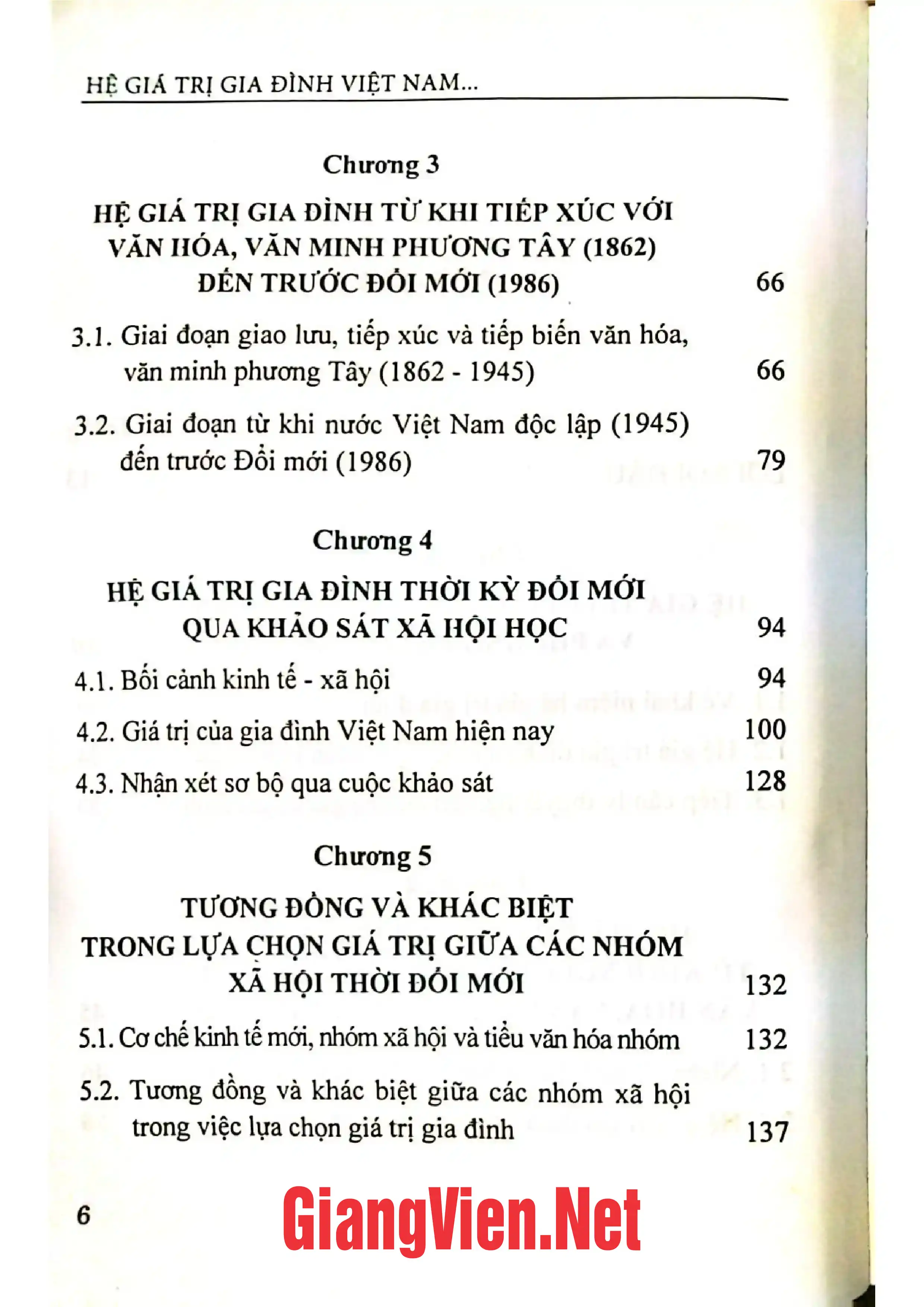 Mục lục chi tiết trang 1 sách Hệ giá trị gia đình Việt Nam từ hướng tiếp cận xã hội học