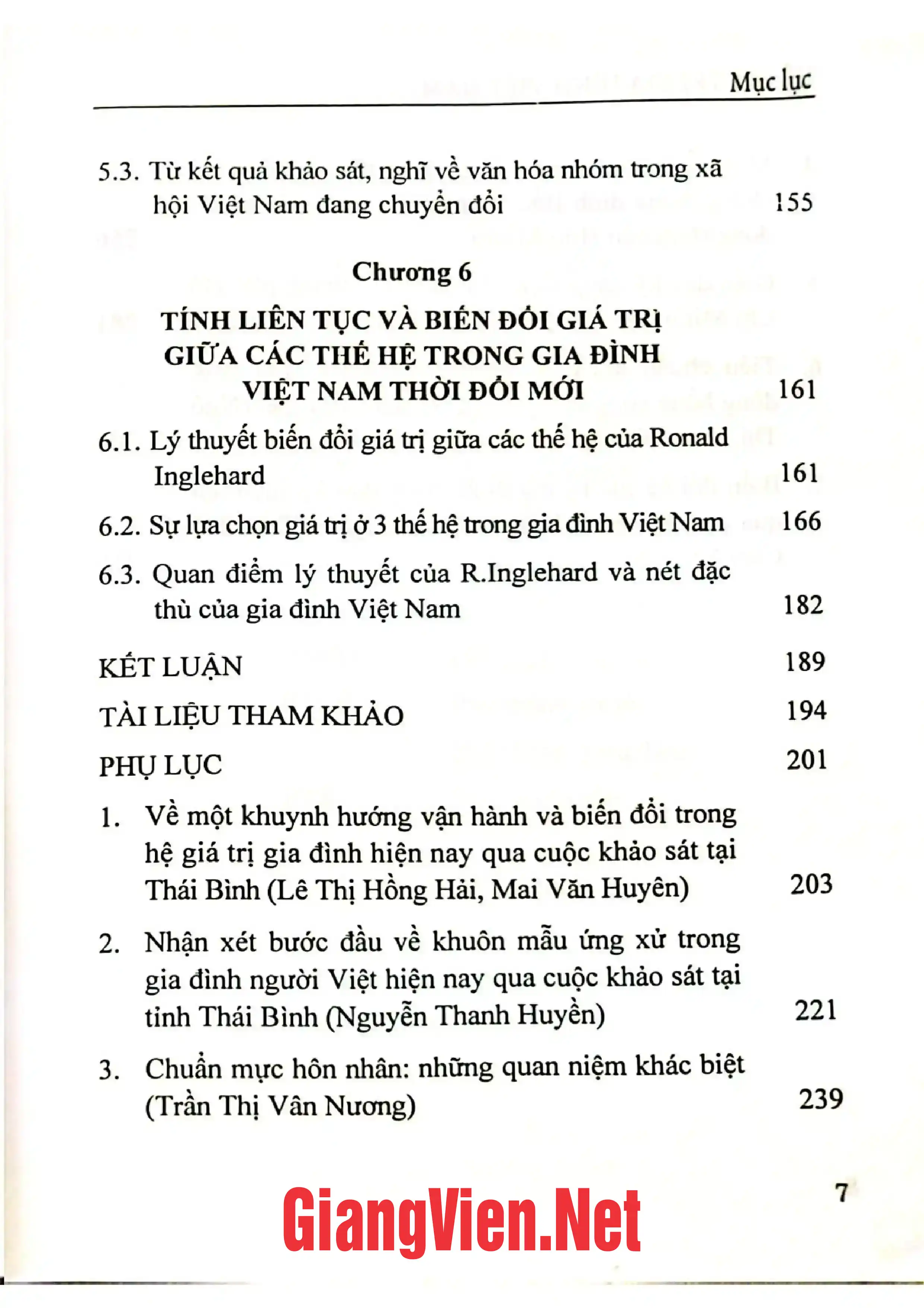 Mục lục chi tiết trang 2 sách Hệ giá trị gia đình Việt Nam từ hướng tiếp cận xã hội học
