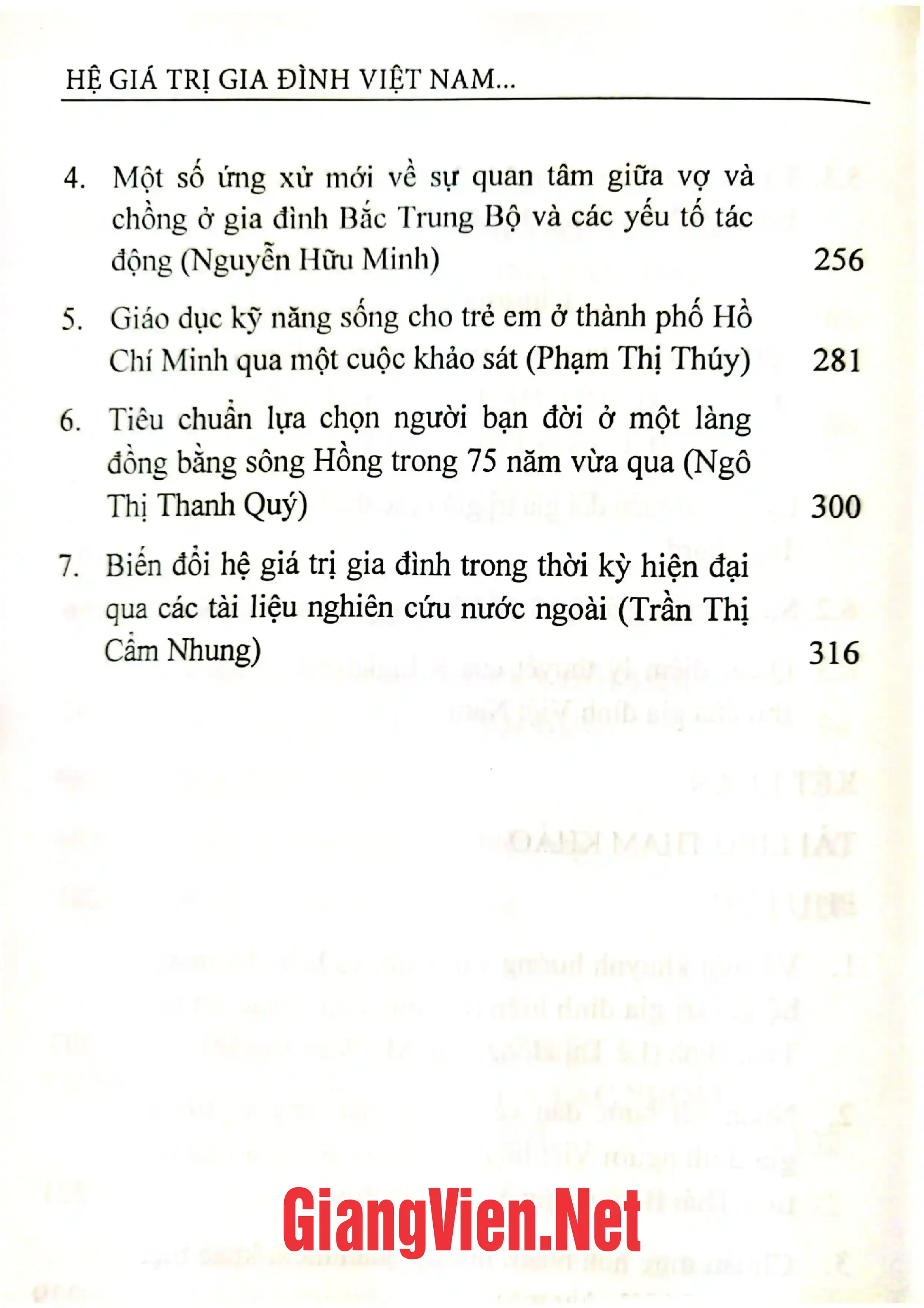 Mục lục chi tiết trang 3 sách Hệ giá trị gia đình Việt Nam từ hướng tiếp cận xã hội học