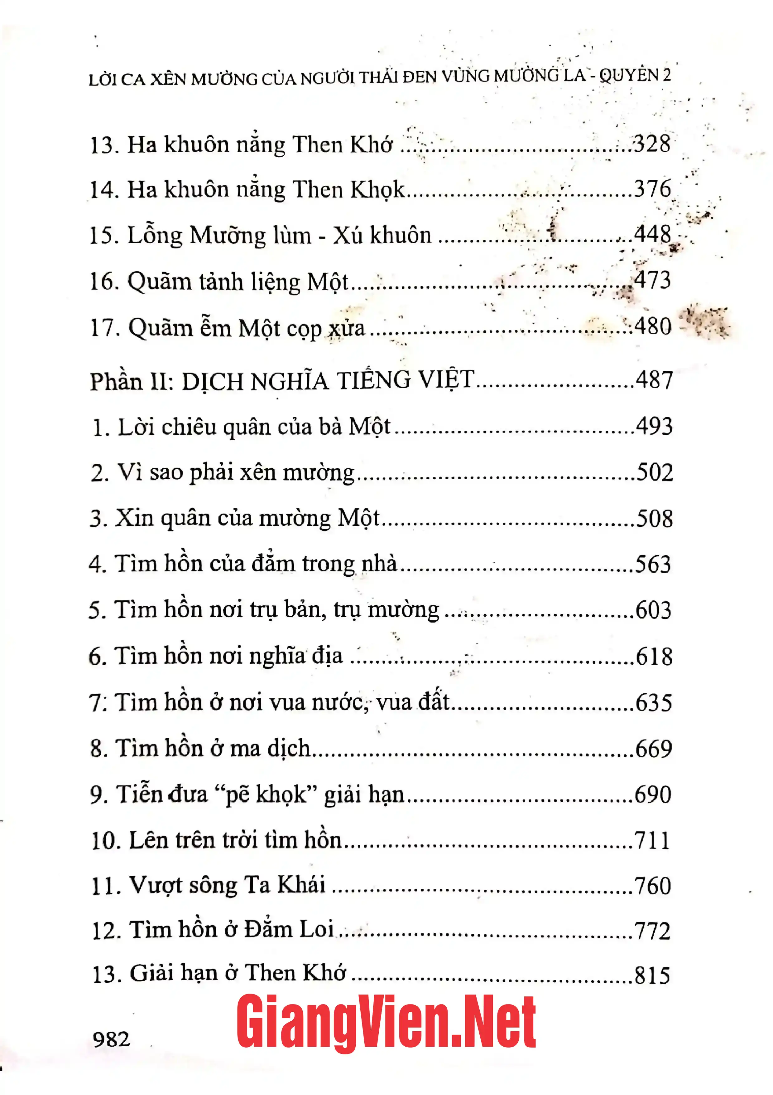 Mục lục chi tiết trang 1 sách Lời ca Xên Mường của người Thái Đen vùng Mường La, quyển 2