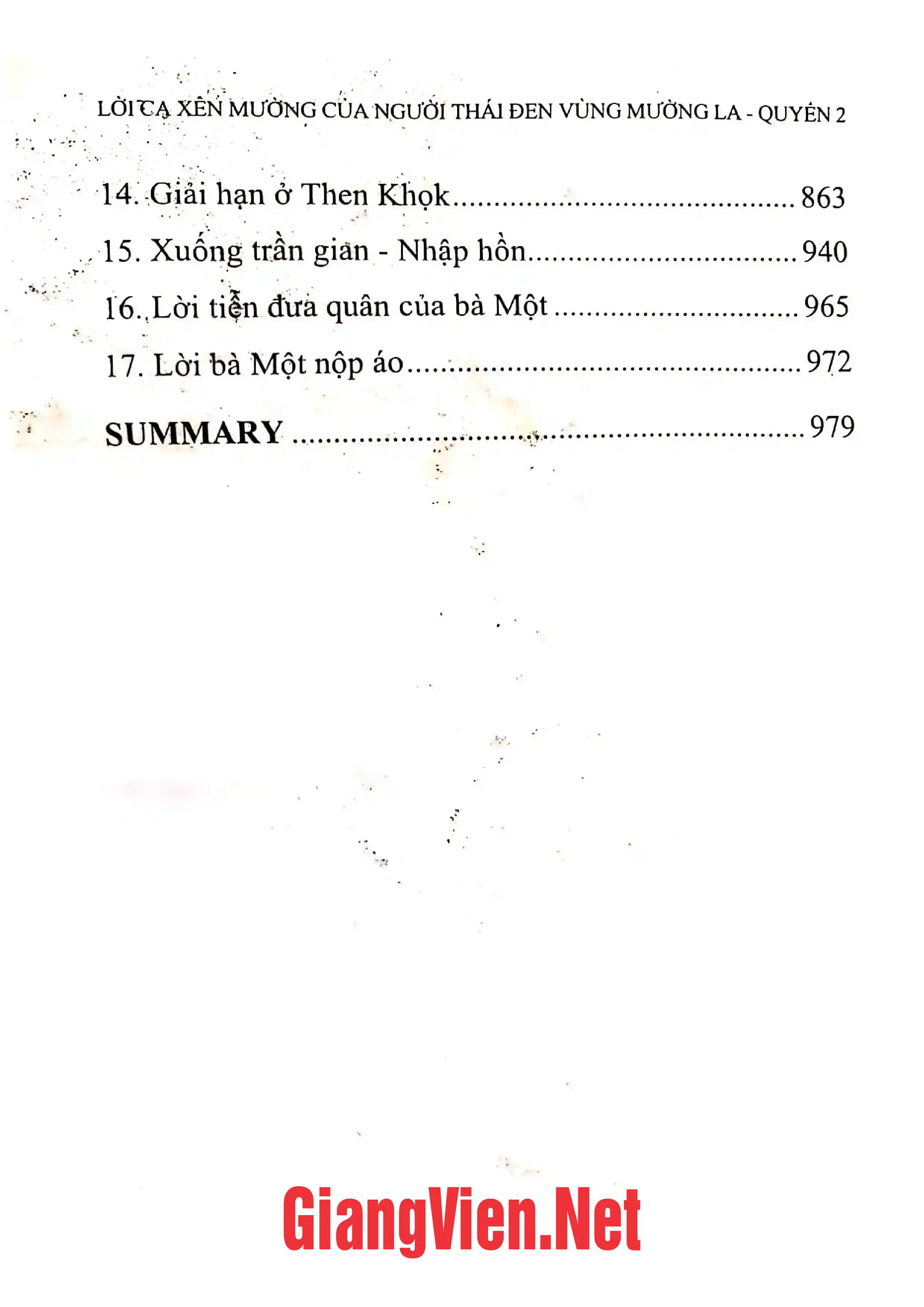 Mục lục chi tiết trang 2 sách Lời ca Xên Mường của người Thái Đen vùng Mường La, quyển 2