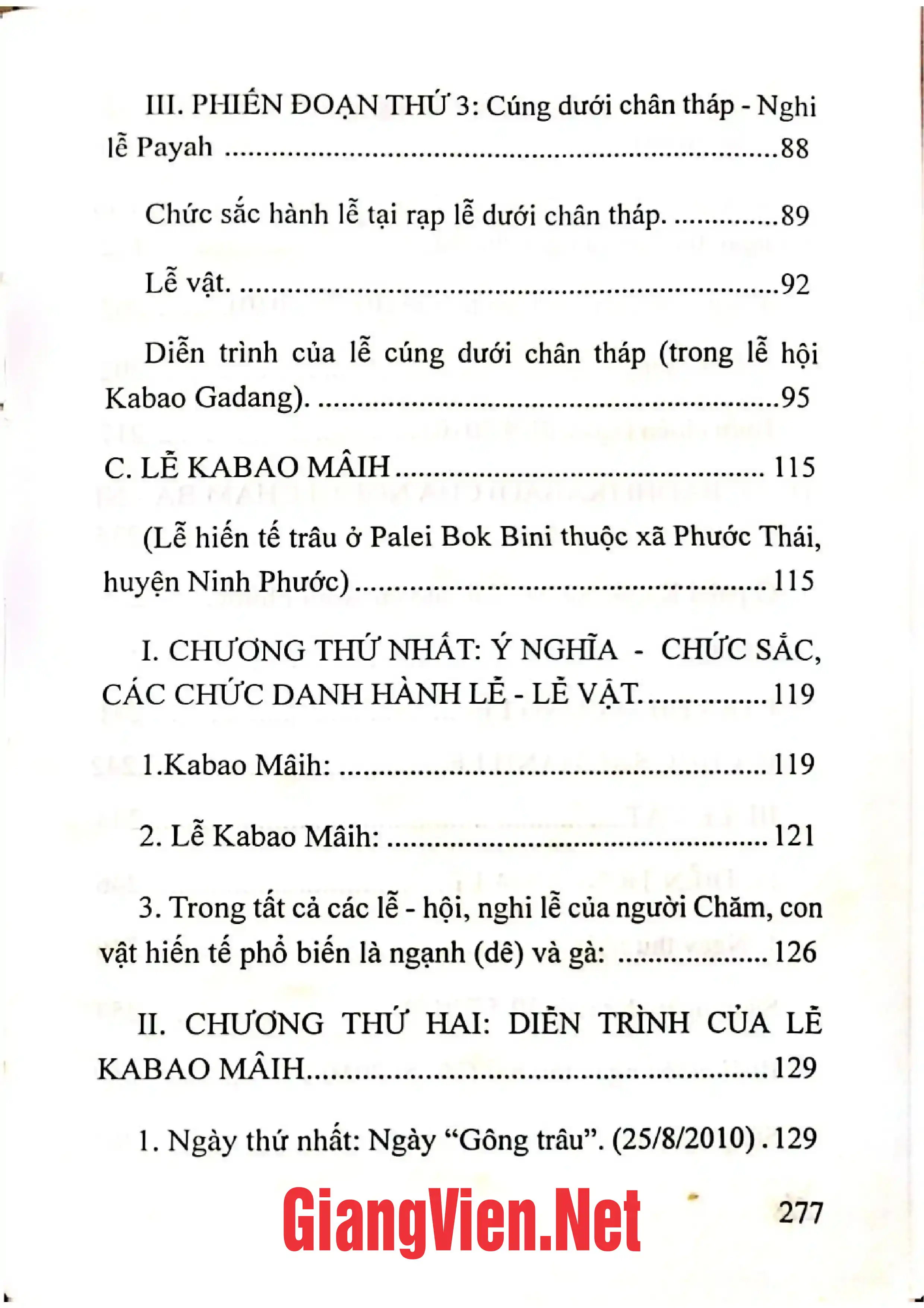 Mục lục chi tiết trang 2 sách Lễ hiến tế trâu của người Chăm Ninh Thuận