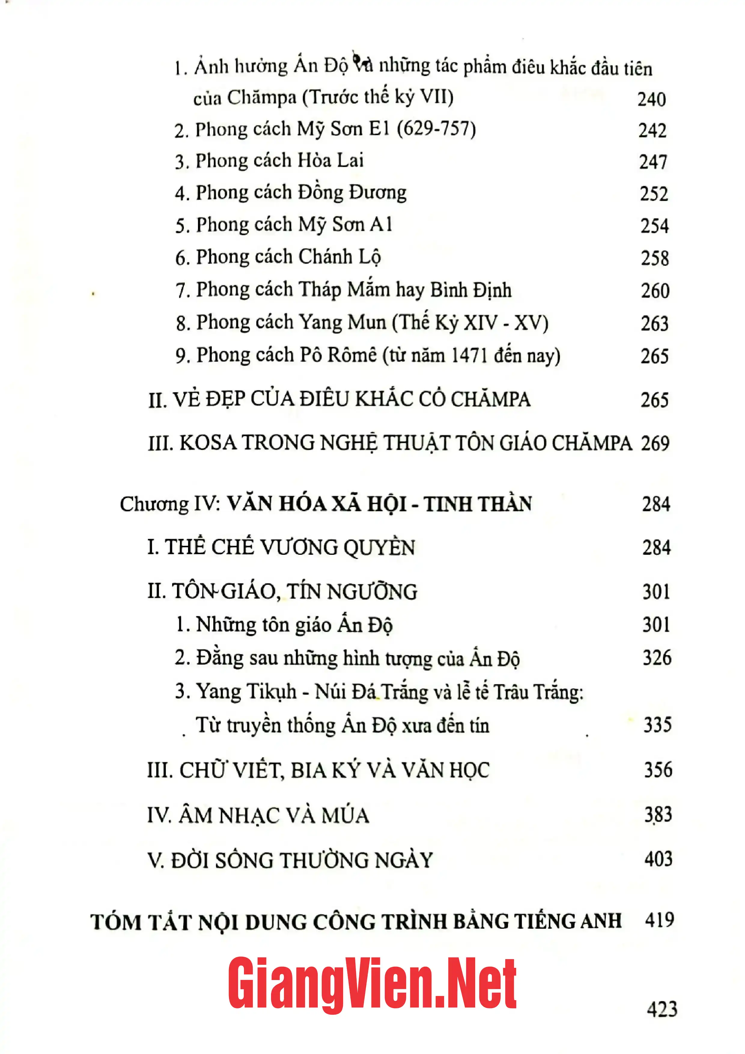 Mục lục chi tiết trang 2 sách Văn hóa cổ Chămpa