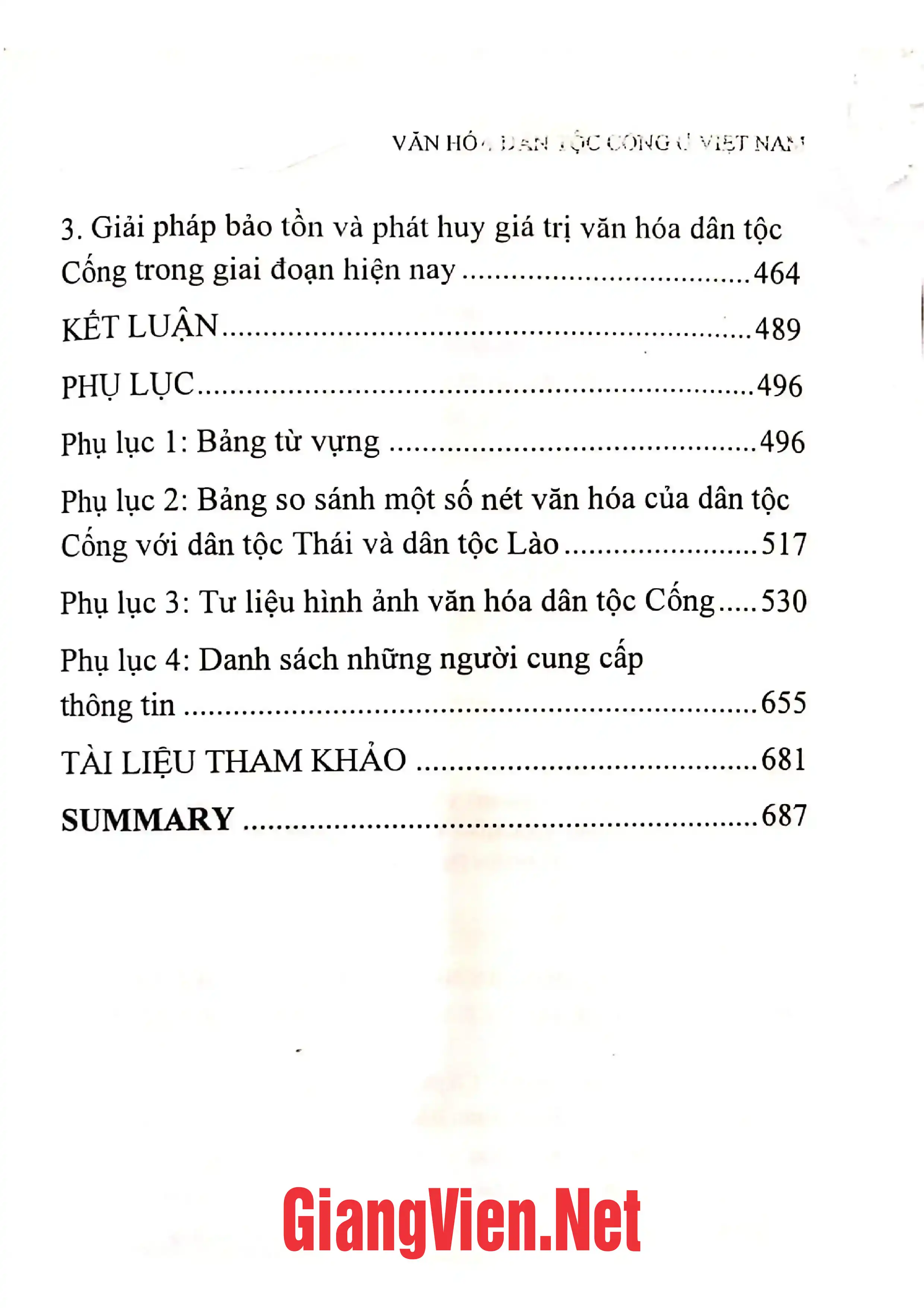 Mục lục chi tiết trang 2 sách Văn hóa dân tộc Cống ở Việt Nam