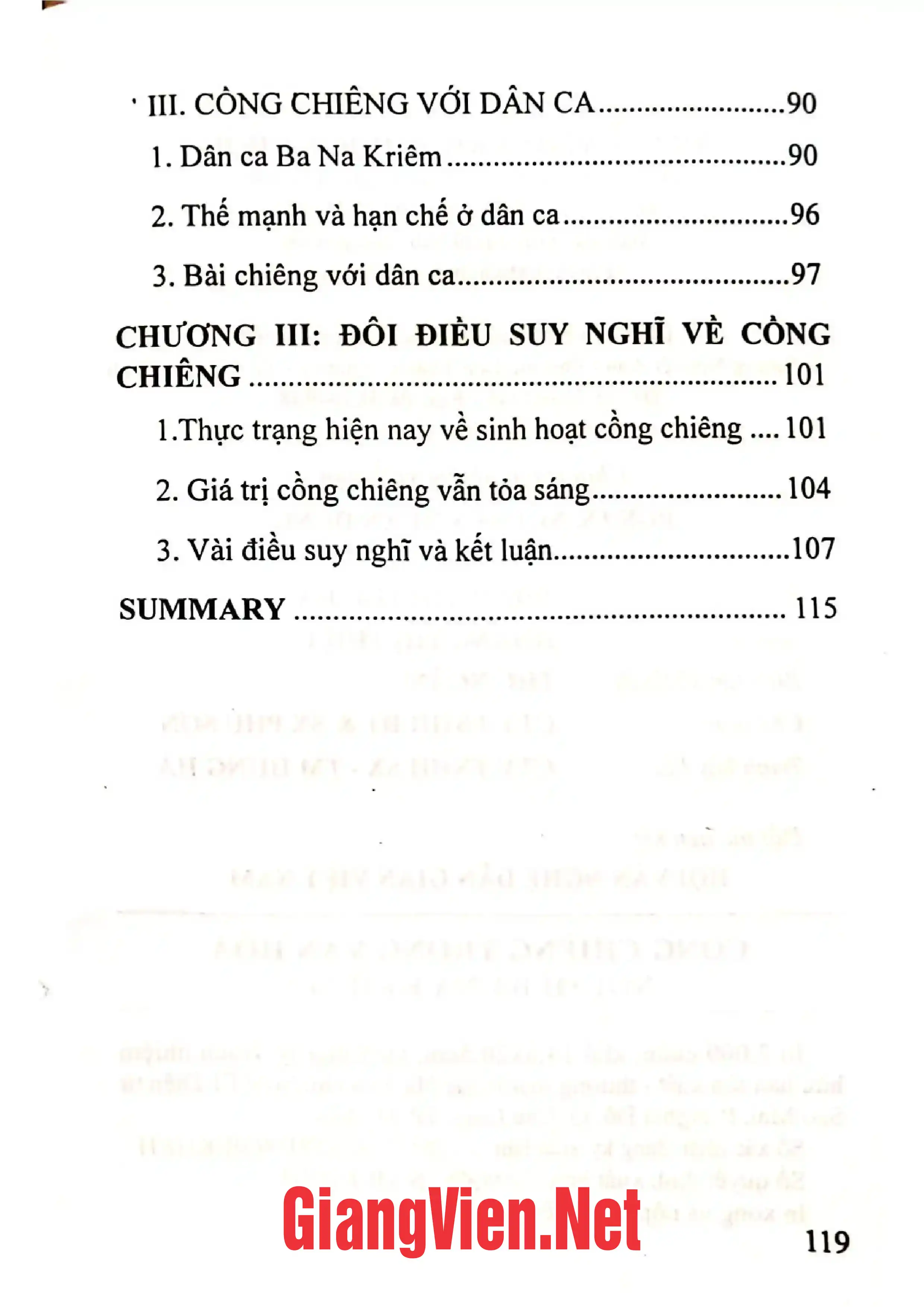 Mục lục chi tiết trang 2 sách Cồng chiêng trong văn hóa người Ba Na Kriêm