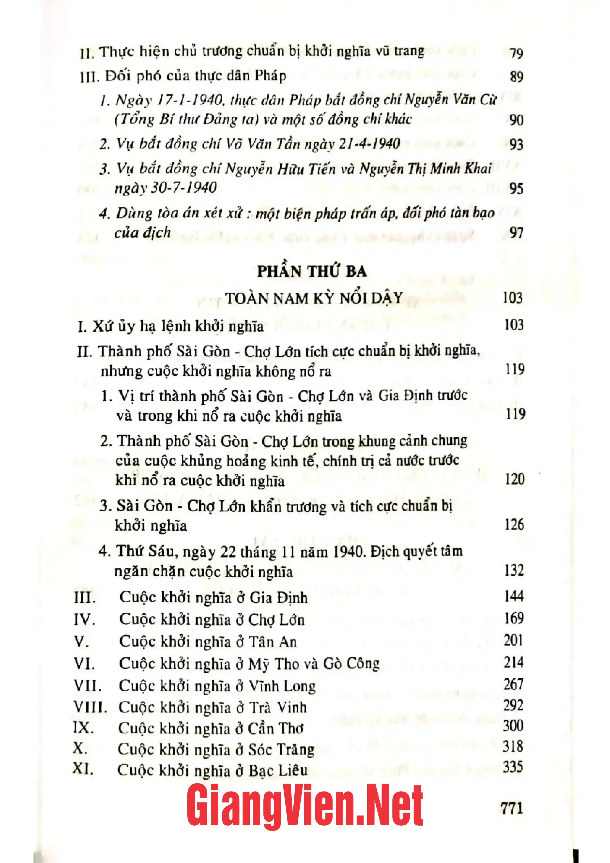 Mục lục chi tiết trang 1 sách Lịch sử khởi nghĩa Nam Kỳ