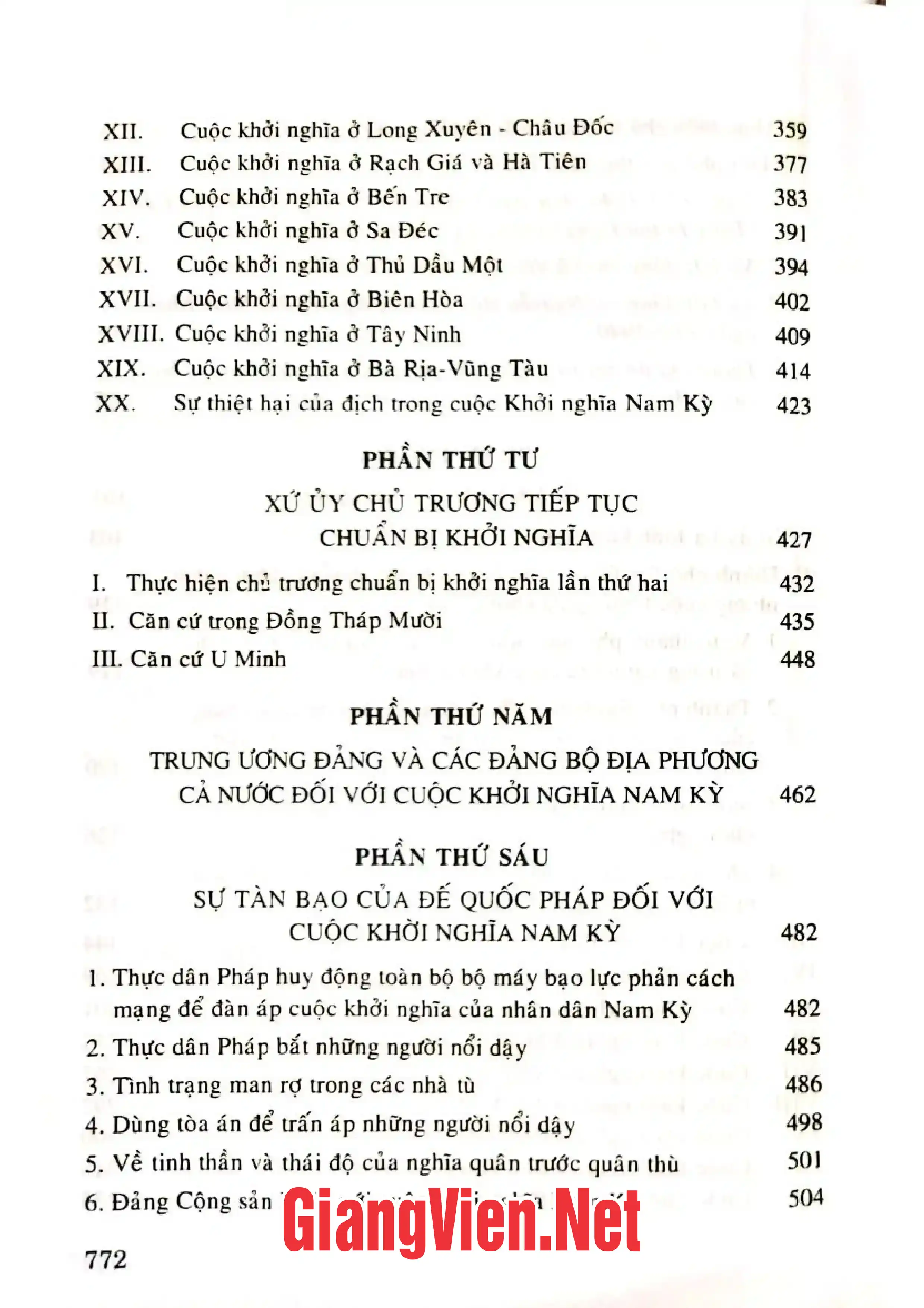 Mục lục chi tiết trang 2 sách Lịch sử khởi nghĩa Nam Kỳ