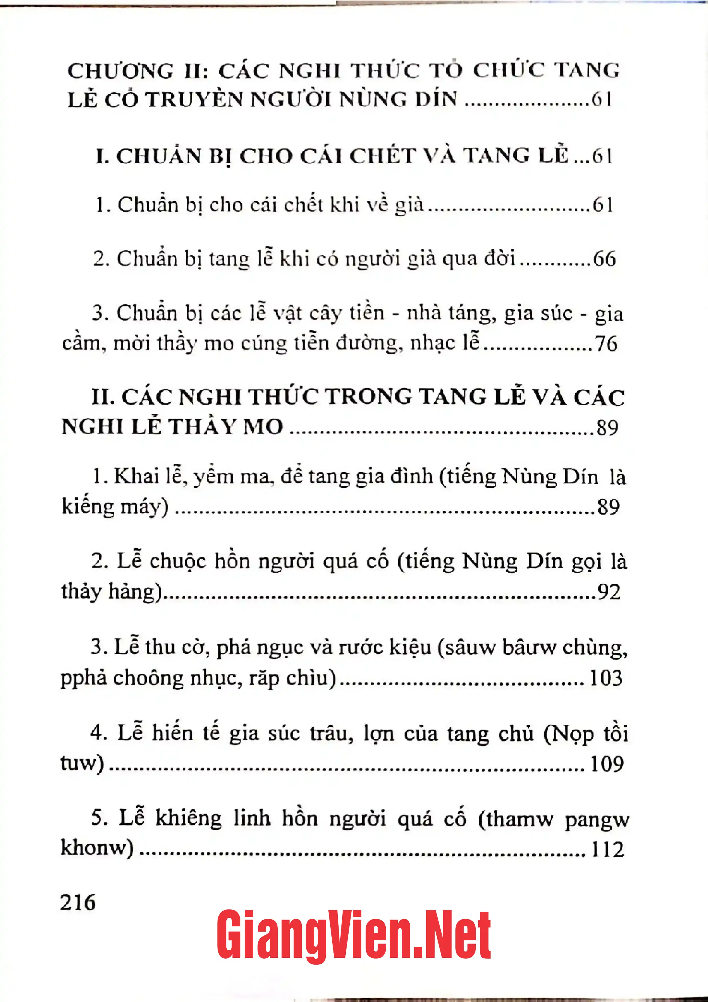 Mục lục chi tiết trang 1 sách Những nghi thức trong tang lễ cổ truyền Nùng Dín Lào Cai