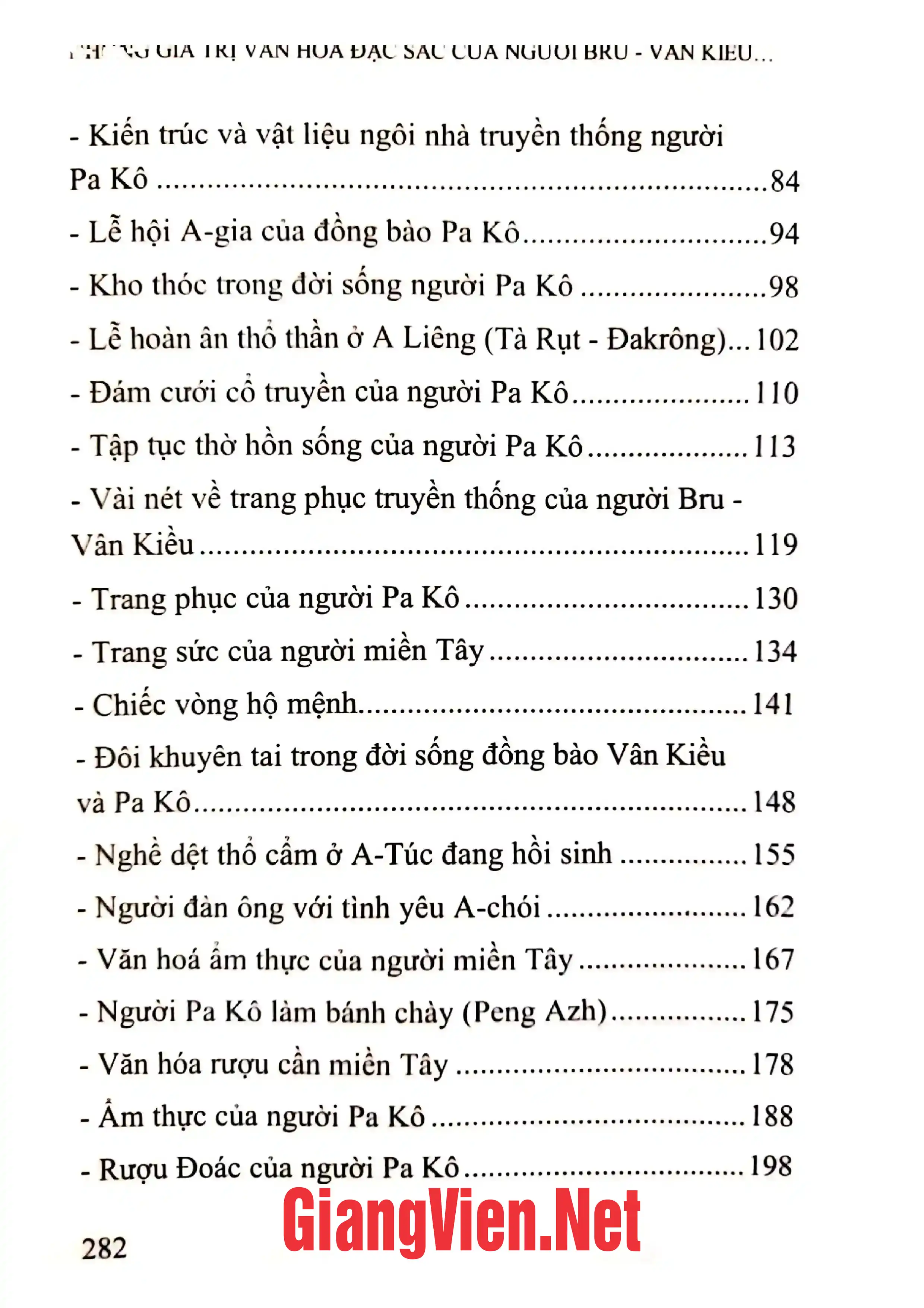Mục lục chi tiết trang 1 sách Những giá trị văn hóa đặc sắc của người Bru - Vân Kiều và Pa Kô