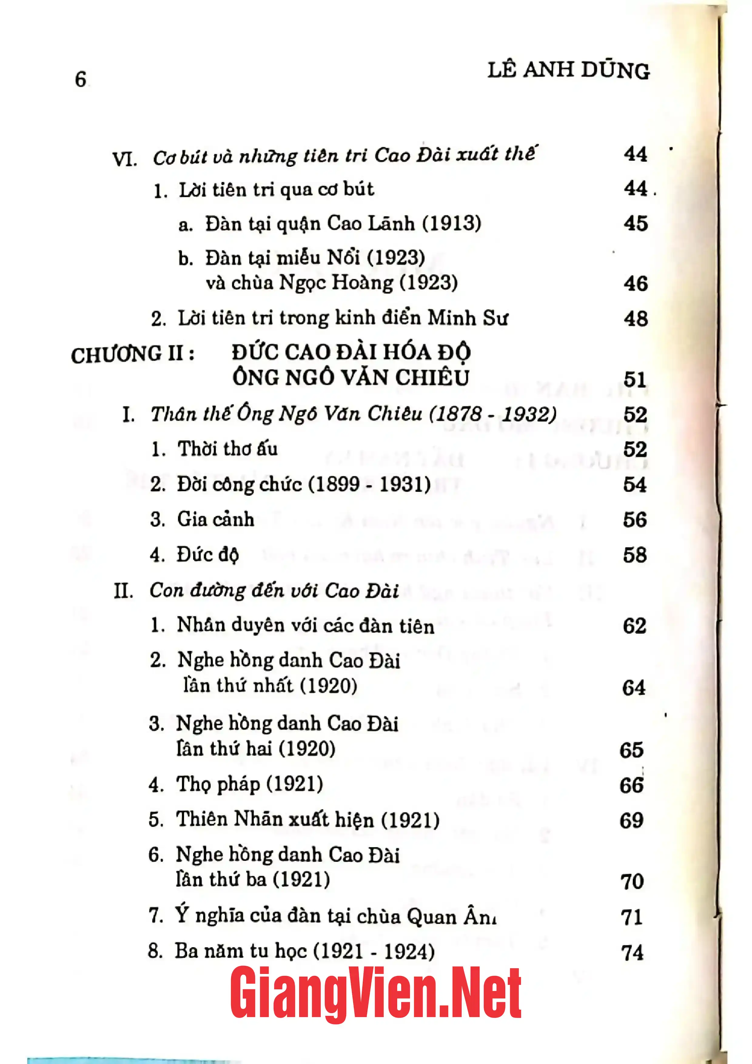 Mục lục chi tiết trang 1 sách Lịch sử đạo Cao Đài thời kỳ tiềm ẩn 1920-1926