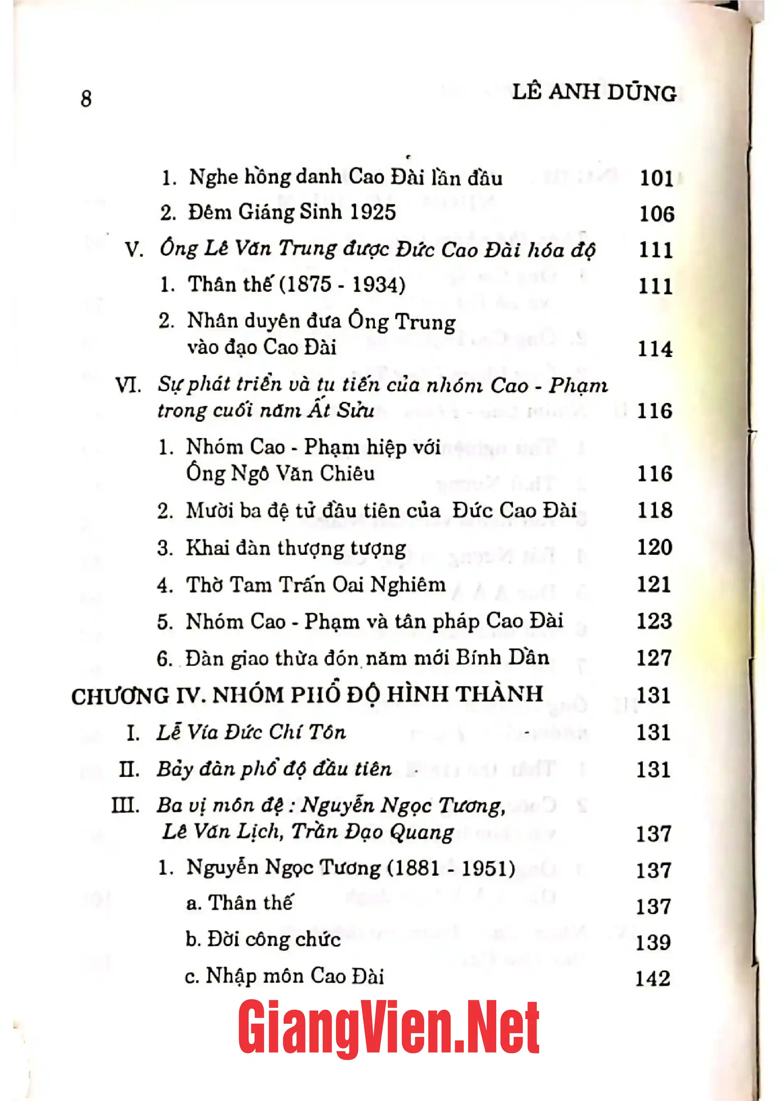 Mục lục chi tiết trang 3 sách Lịch sử đạo Cao Đài thời kỳ tiềm ẩn 1920-1926