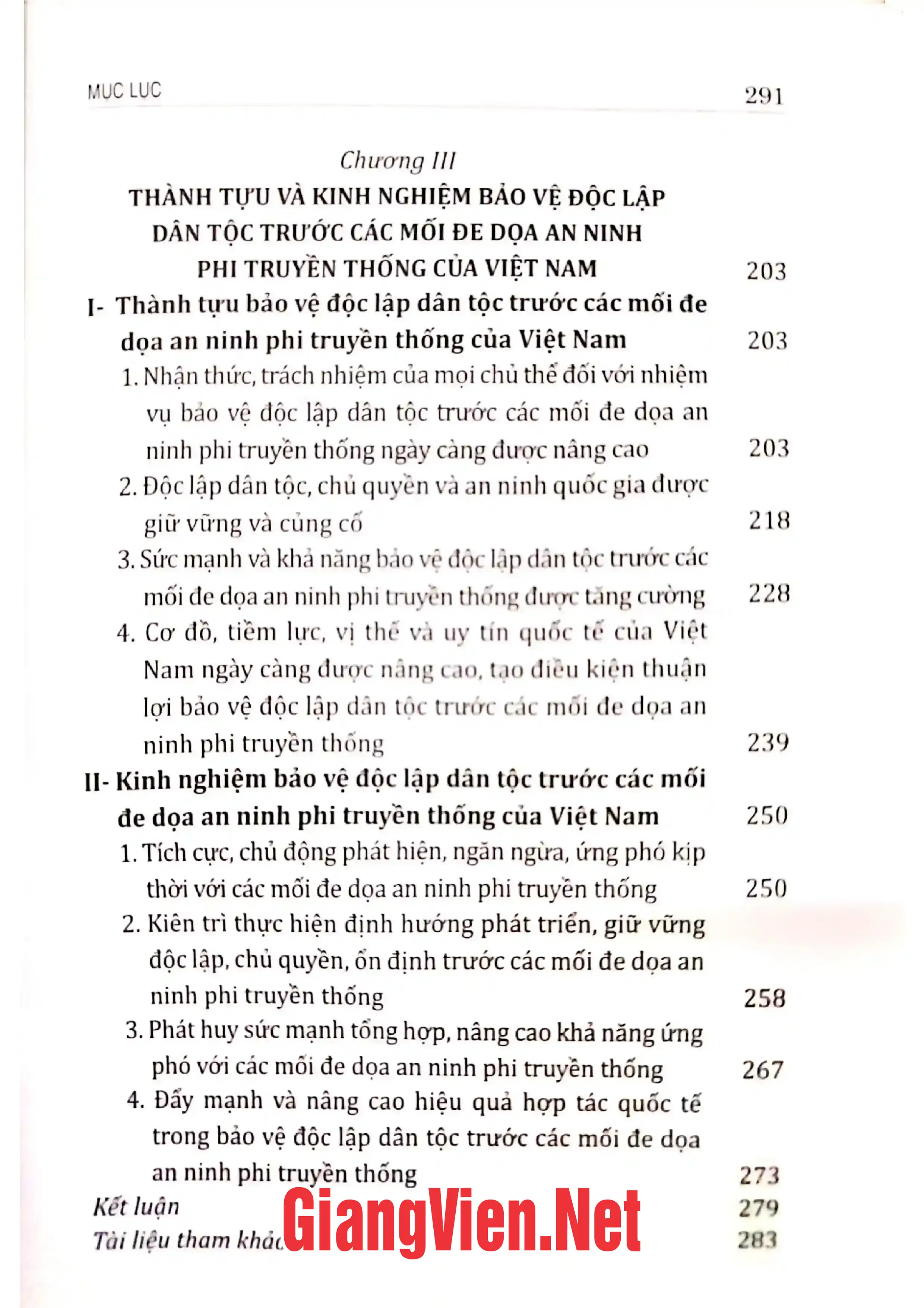 Mục lục chi tiết trang 2 sách Bảo vệ độc lập dân tộc của Việt Nam trước mối đe dọa an ninh phi truyền thống