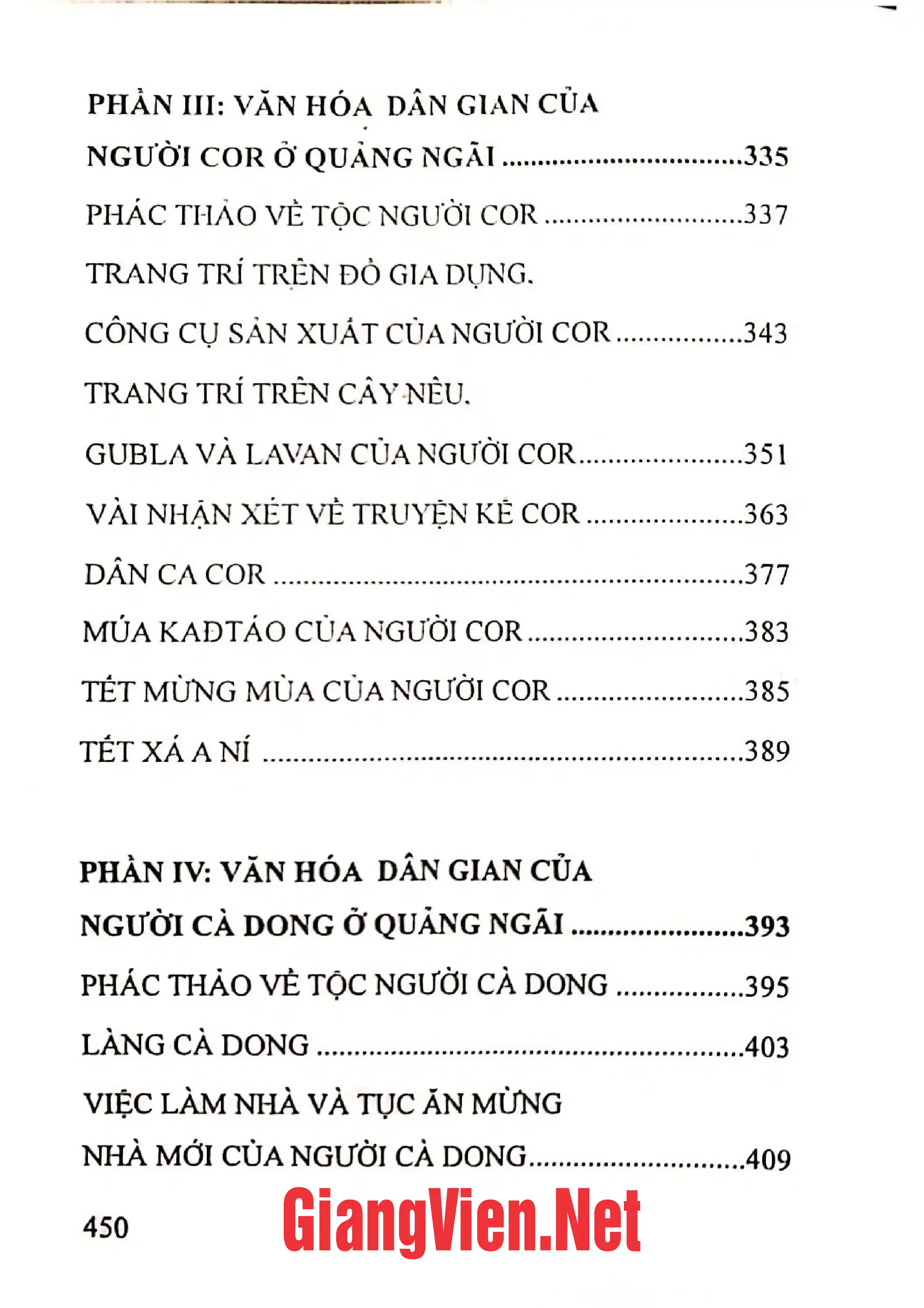 Mục lục chi tiết trang 3 sách Văn hóa dân gian của cộng đồng cư dân Quảng Ngãi Việt, Hre, Cor, Cà Dong