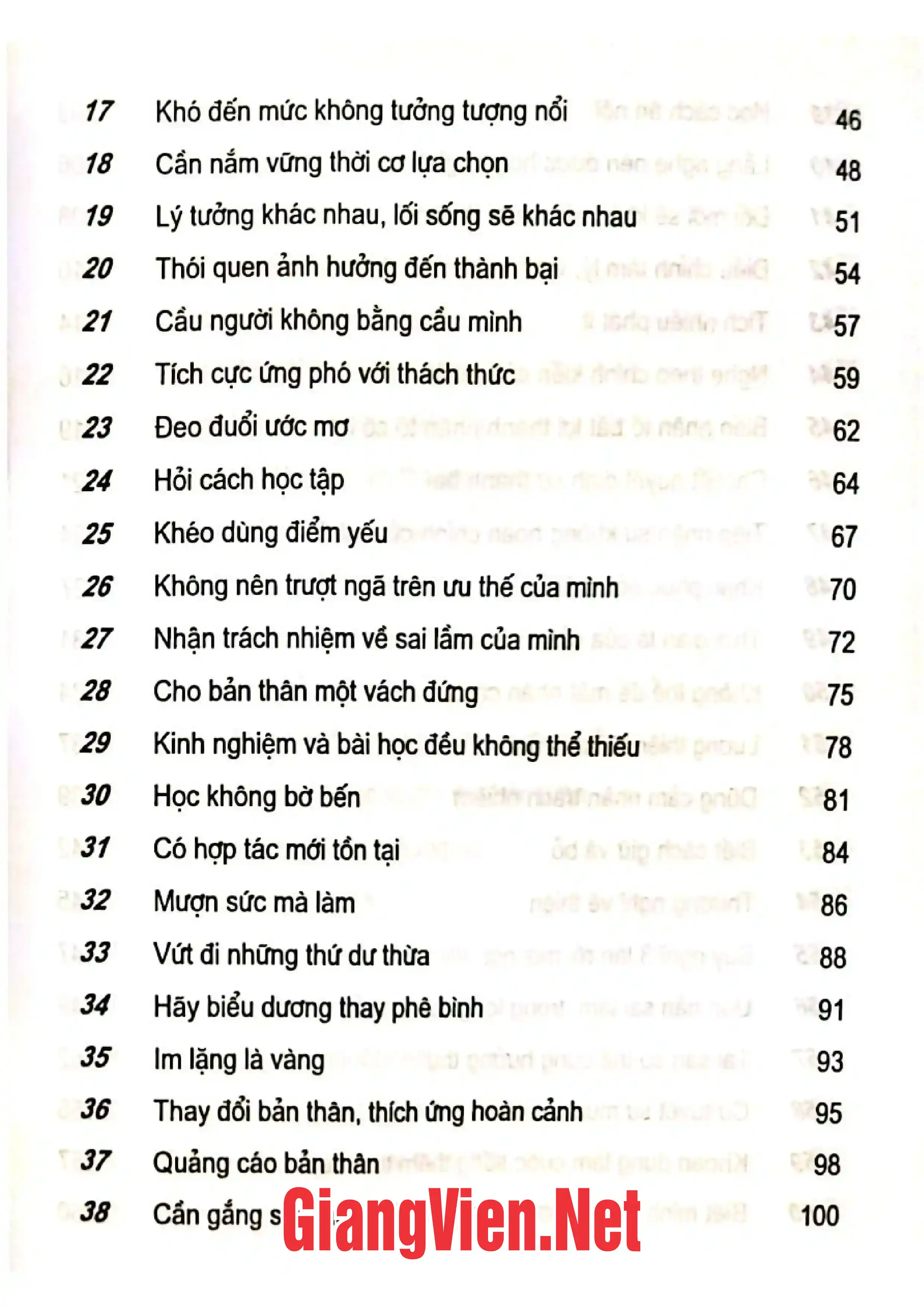 Mục lục chi tiết trang 1 sách 100 câu triết lý về cuộc đời