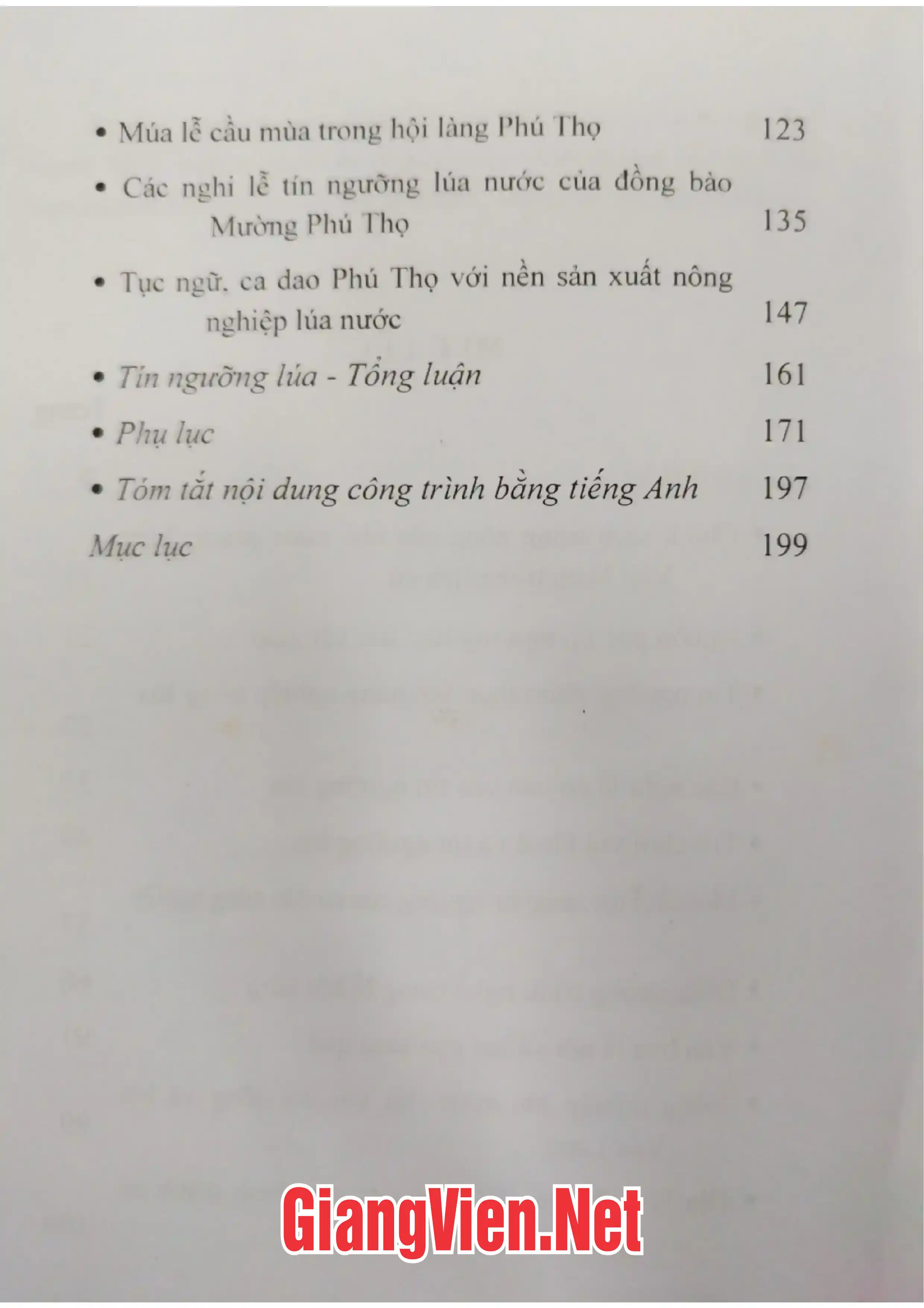 Mục lục chi tiết trang 1 sách Tín ngưỡng lúa nước vùng đất Tổ