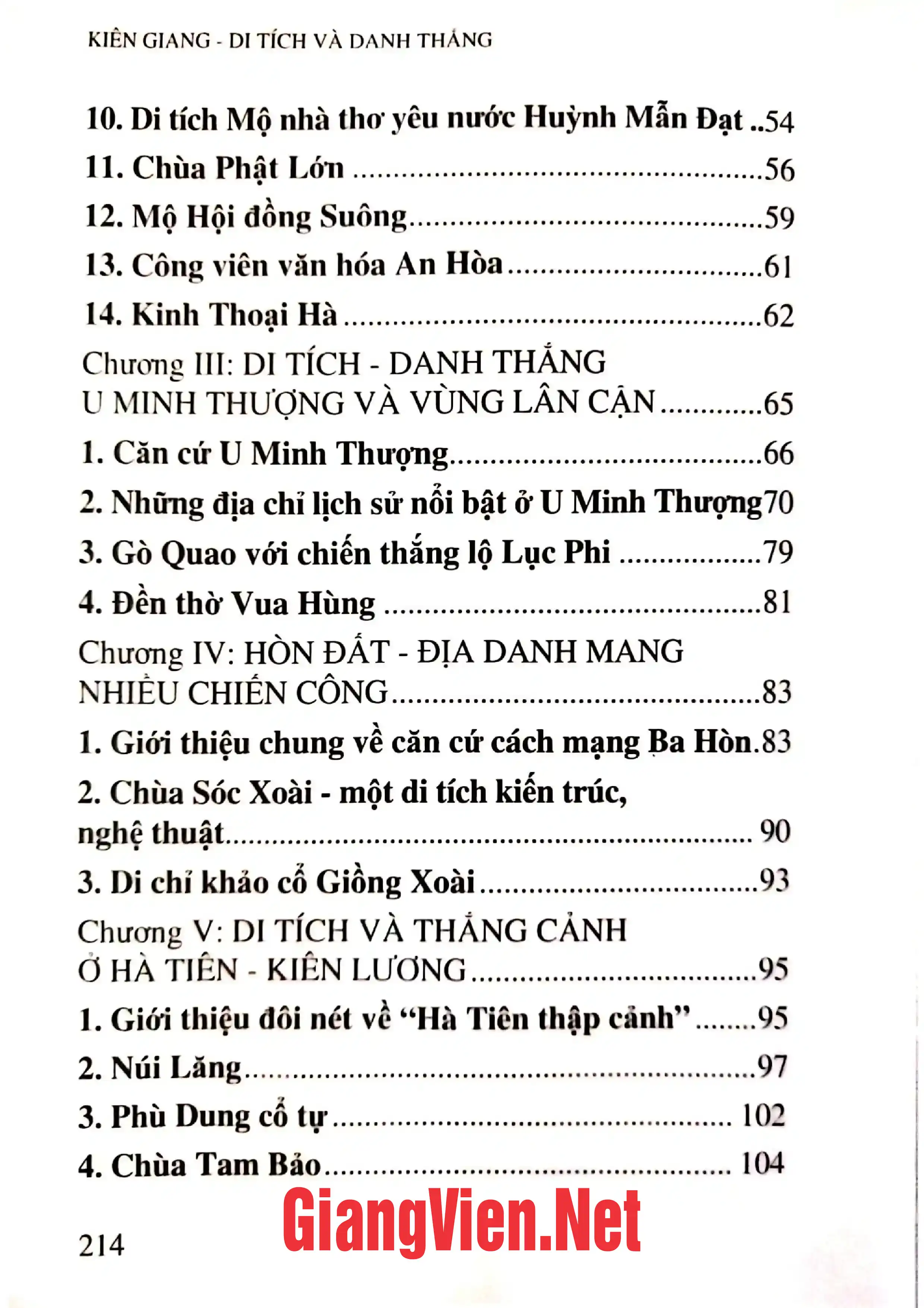 Mục lục chi tiết trang 1 sách Kiên Giang di tích và danh thắng