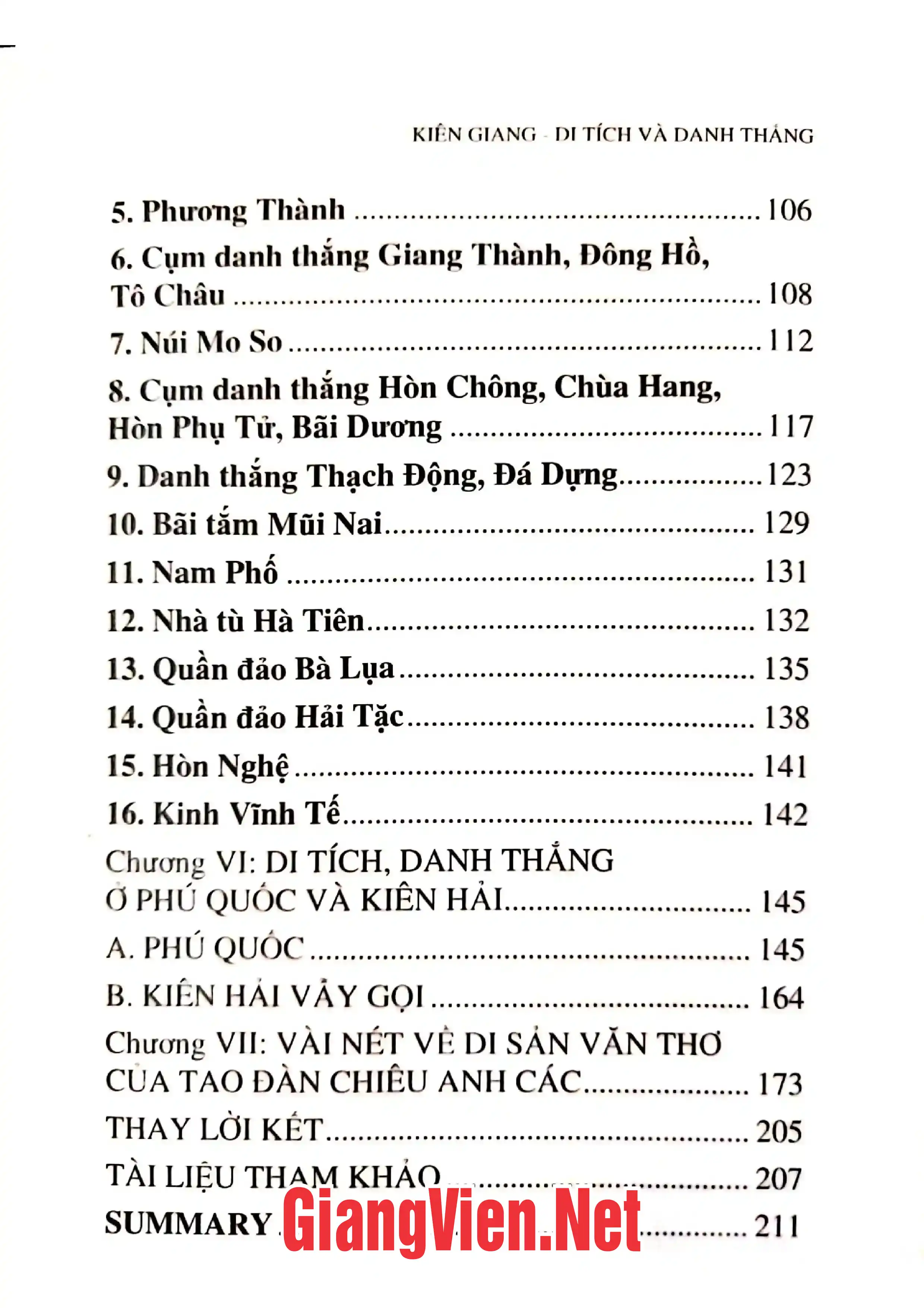 Mục lục chi tiết trang 2 sách Kiên Giang di tích và danh thắng