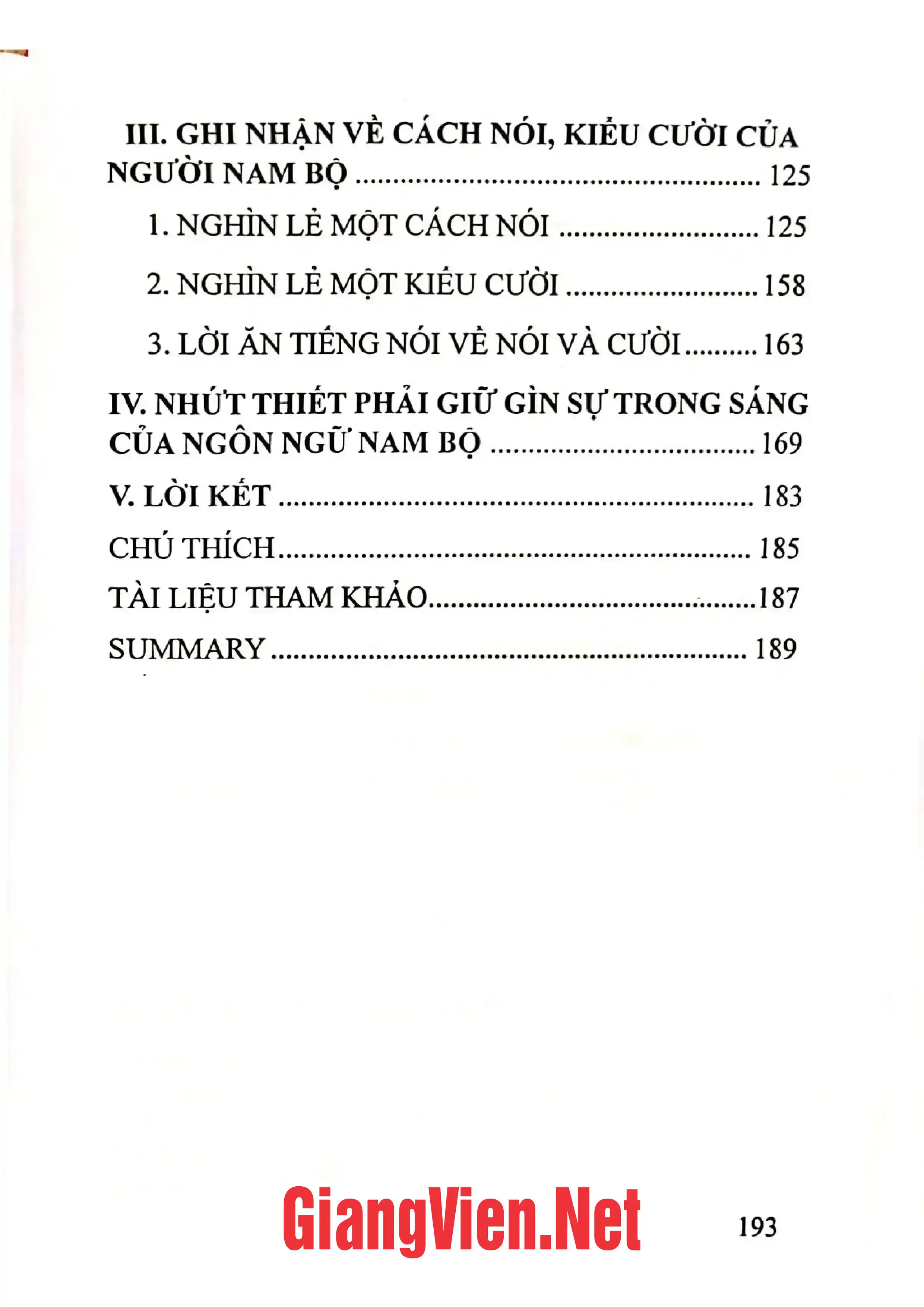 Mục lục chi tiết trang 2 sách Sự biểu tỏ trong cách nói, kiểu cười của người Nam Bộ