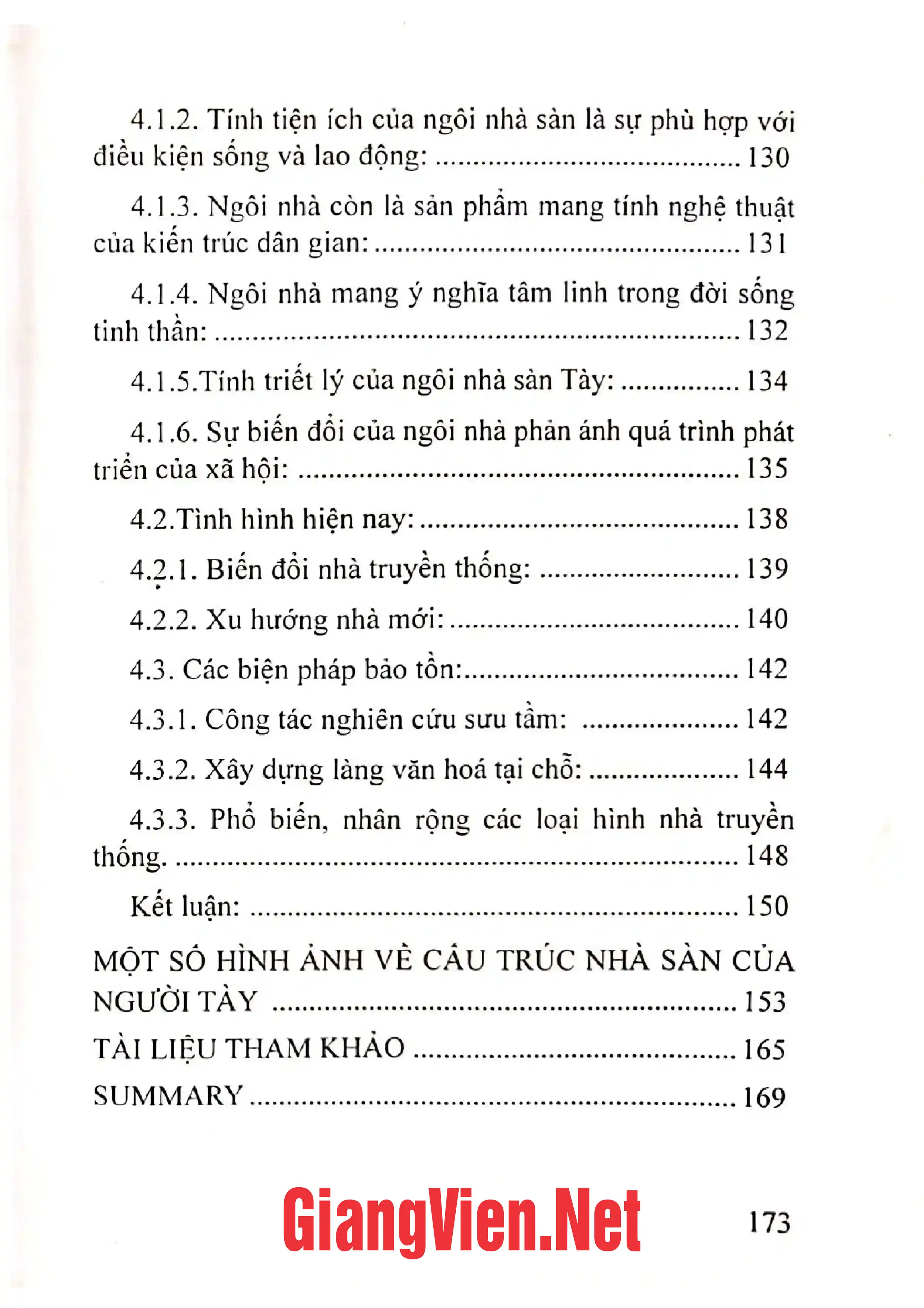 Mục lục chi tiết trang 2 sách Nhà sàn truyền thống của người Tày Vùng Đông Bắc Việt Nam