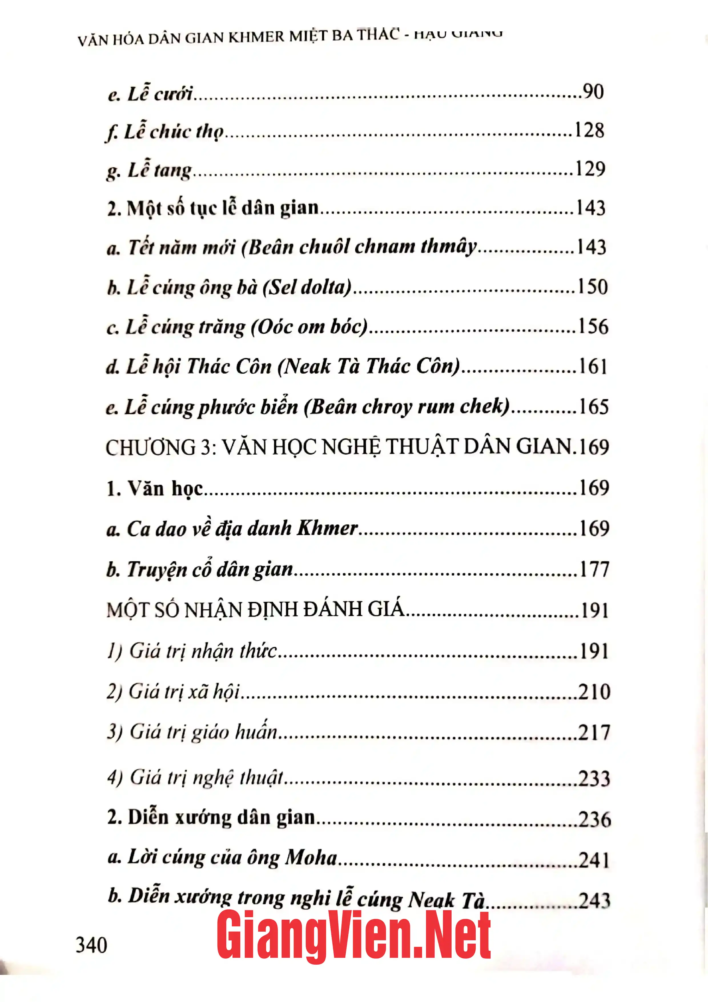 Mục lục chi tiết trang 1 sách Văn hóa dân gian Khmer miệt Ba Thấc - Hậu Giang