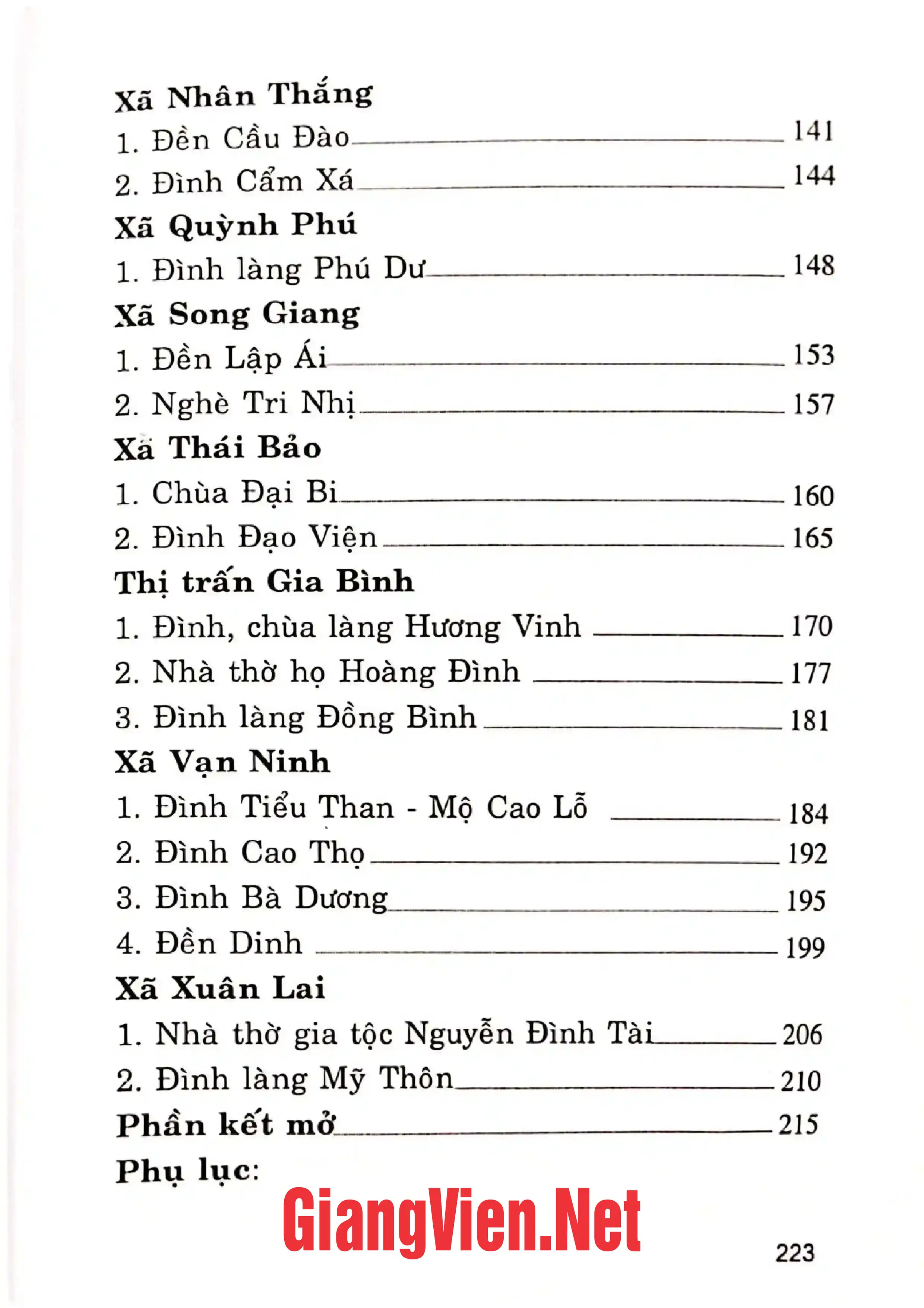 Mục lục chi tiết trang 2 sách Di tích lịch sử- văn hóa huyện Gia Bình, tỉnh Bắc Ninh