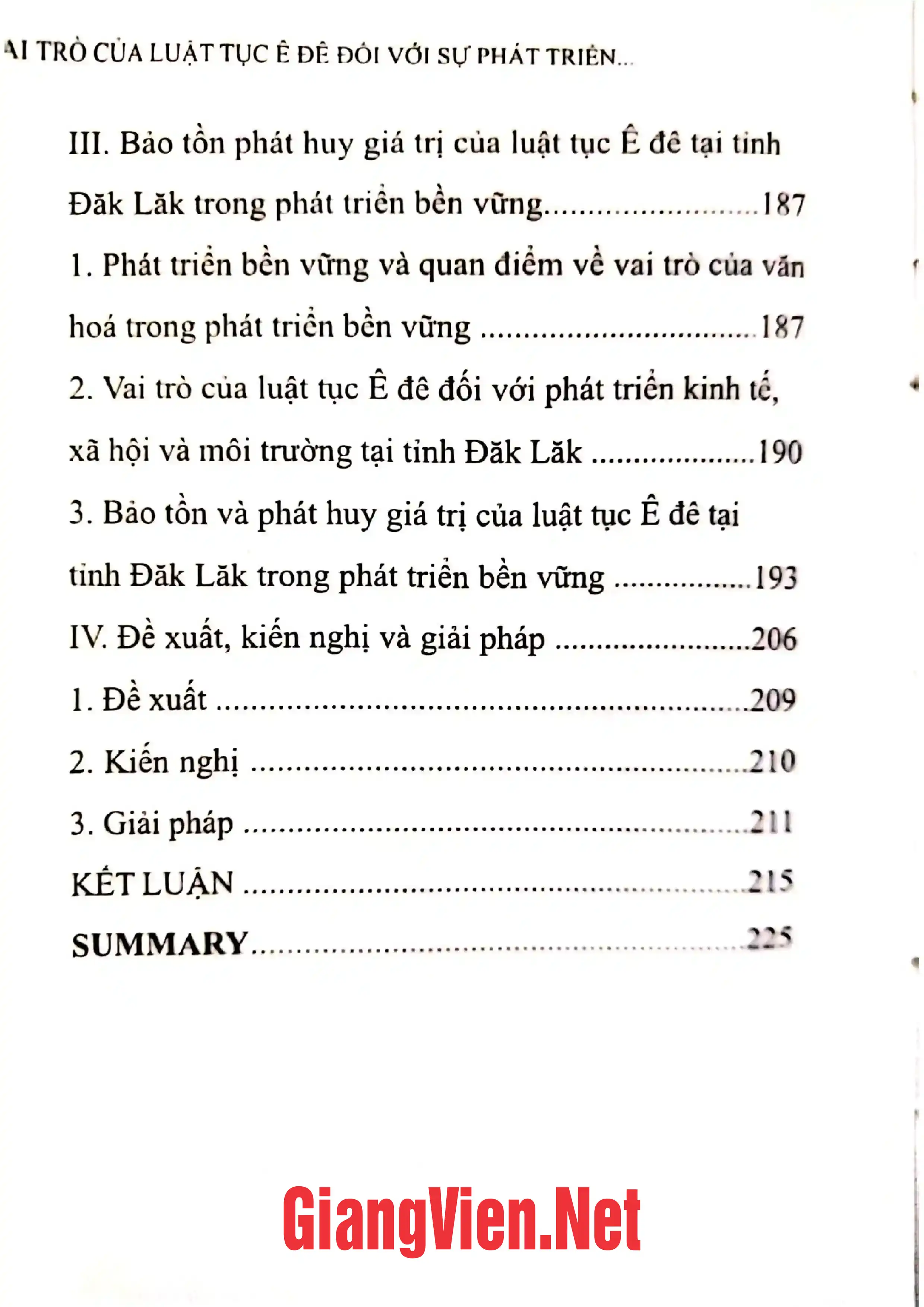 Mục lục chi tiết trang 3 sách Vai trò của luật tục Ê Đê đối với sự phát triển bền vững tộc người